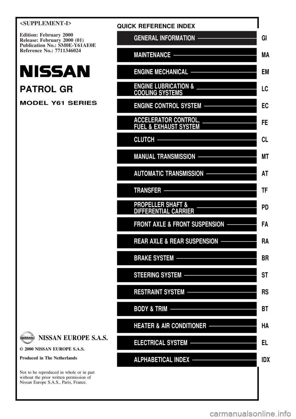 NISSAN PATROL 2000  Electronic Repair Manual <SUPPLEMENT-I>
Edition: February 2000
Release: February 2000 (01)
Publication No.: SM0E-Y61AE0E
Reference No.: 7711346024GENERAL INFORMATIONGI
MAINTENANCEMA
ENGINE MECHANICALEM
ENGINE LUBRICATION &
CO