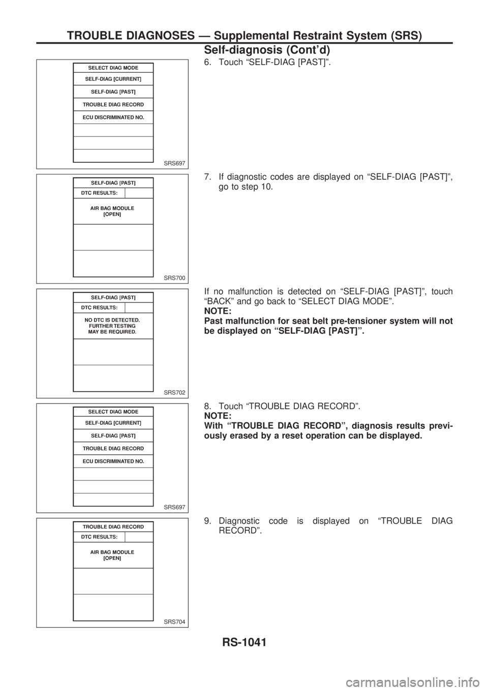 NISSAN PATROL 2000  Electronic Repair Manual 6. Touch ªSELF-DIAG [PAST]º.
7. If diagnostic codes are displayed on ªSELF-DIAG [PAST]º,
go to step 10.
If no malfunction is detected on ªSELF-DIAG [PAST]º, touch
ªBACKº and go back to ªSELEC