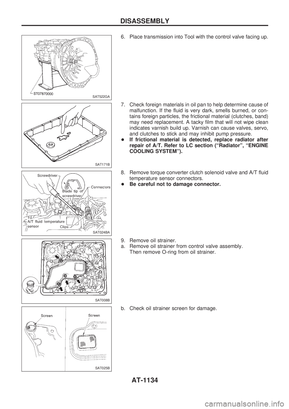 NISSAN PATROL 2000  Electronic Repair Manual 6. Place transmission into Tool with the control valve facing up.
7. Check foreign materials in oil pan to help determine cause of
malfunction. If the fluid is very dark, smells burned, or con-
tains 