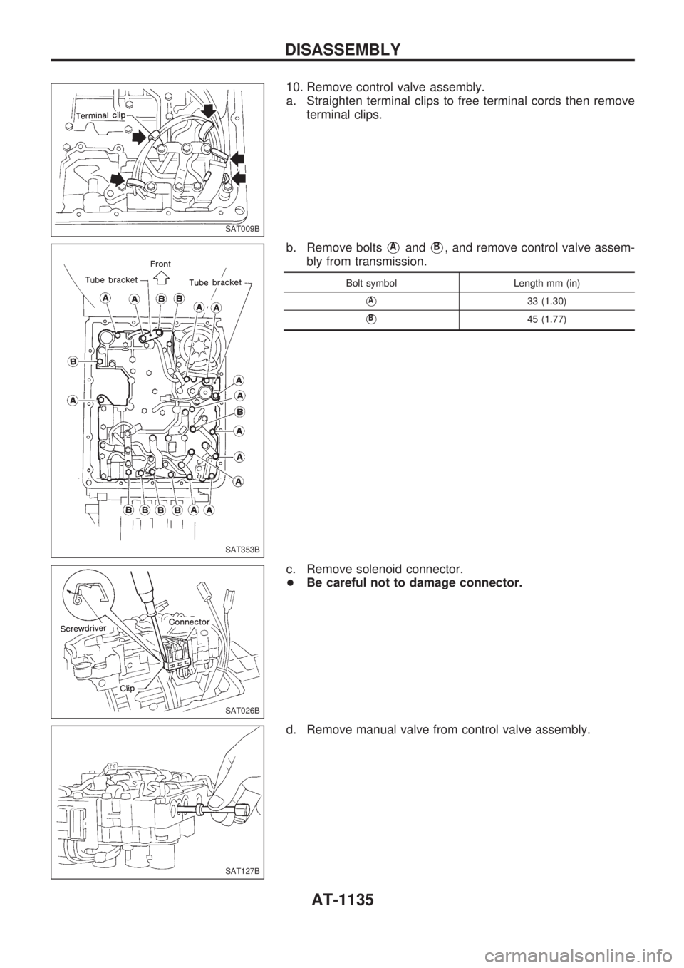 NISSAN PATROL 2000  Electronic Repair Manual 10. Remove control valve assembly.
a. Straighten terminal clips to free terminal cords then remove
terminal clips.
b. Remove bolts
VAandVB, and remove control valve assem-
bly from transmission.
Bolt 