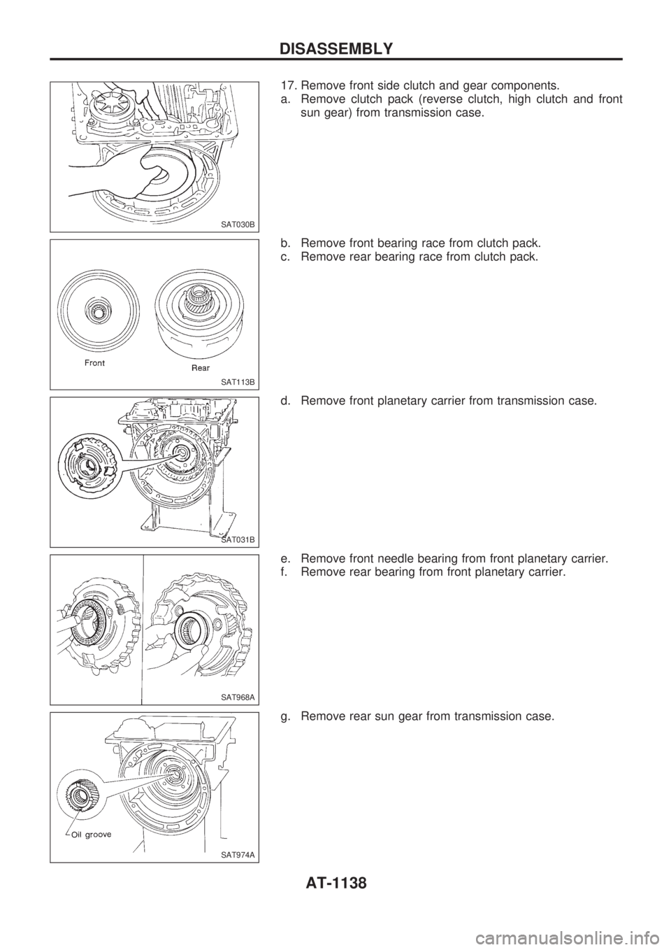 NISSAN PATROL 2000  Electronic Repair Manual 17. Remove front side clutch and gear components.
a. Remove clutch pack (reverse clutch, high clutch and front
sun gear) from transmission case.
b. Remove front bearing race from clutch pack.
c. Remov