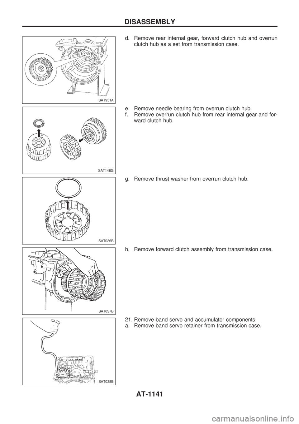 NISSAN PATROL 2000  Electronic Repair Manual d. Remove rear internal gear, forward clutch hub and overrun
clutch hub as a set from transmission case.
e. Remove needle bearing from overrun clutch hub.
f. Remove overrun clutch hub from rear intern