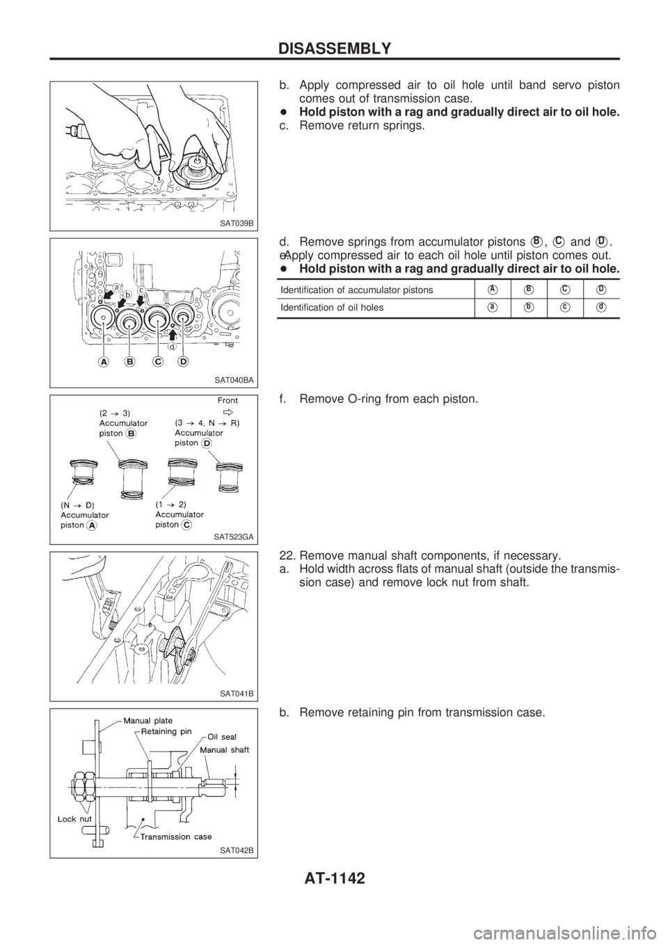 NISSAN PATROL 2000  Electronic Repair Manual b. Apply compressed air to oil hole until band servo piston
comes out of transmission case.
+Hold piston with a rag and gradually direct air to oil hole.
c. Remove return springs.
d. Remove springs fr