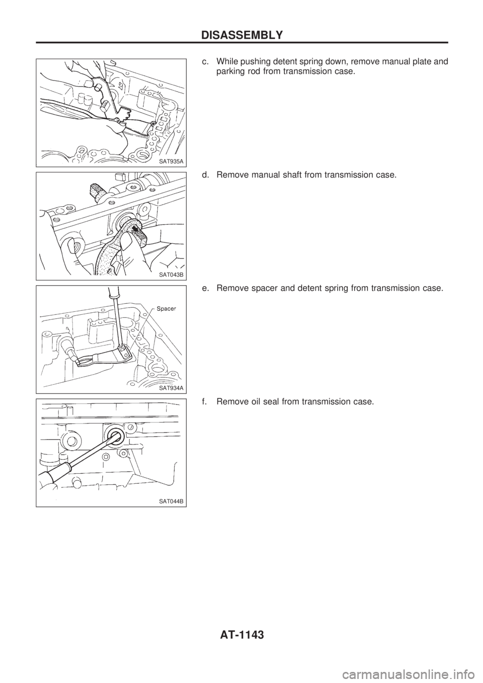 NISSAN PATROL 2000  Electronic Repair Manual c. While pushing detent spring down, remove manual plate and
parking rod from transmission case.
d. Remove manual shaft from transmission case.
e. Remove spacer and detent spring from transmission cas