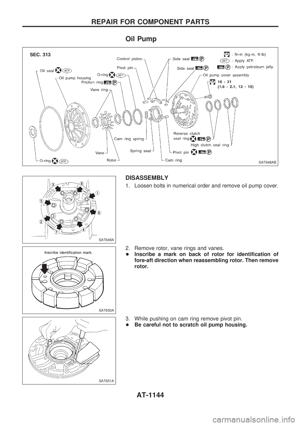 NISSAN PATROL 2000  Electronic Repair Manual Oil Pump
DISASSEMBLY
1. Loosen bolts in numerical order and remove oil pump cover.
2. Remove rotor, vane rings and vanes.
+Inscribe a mark on back of rotor for identification of
fore-aft direction whe