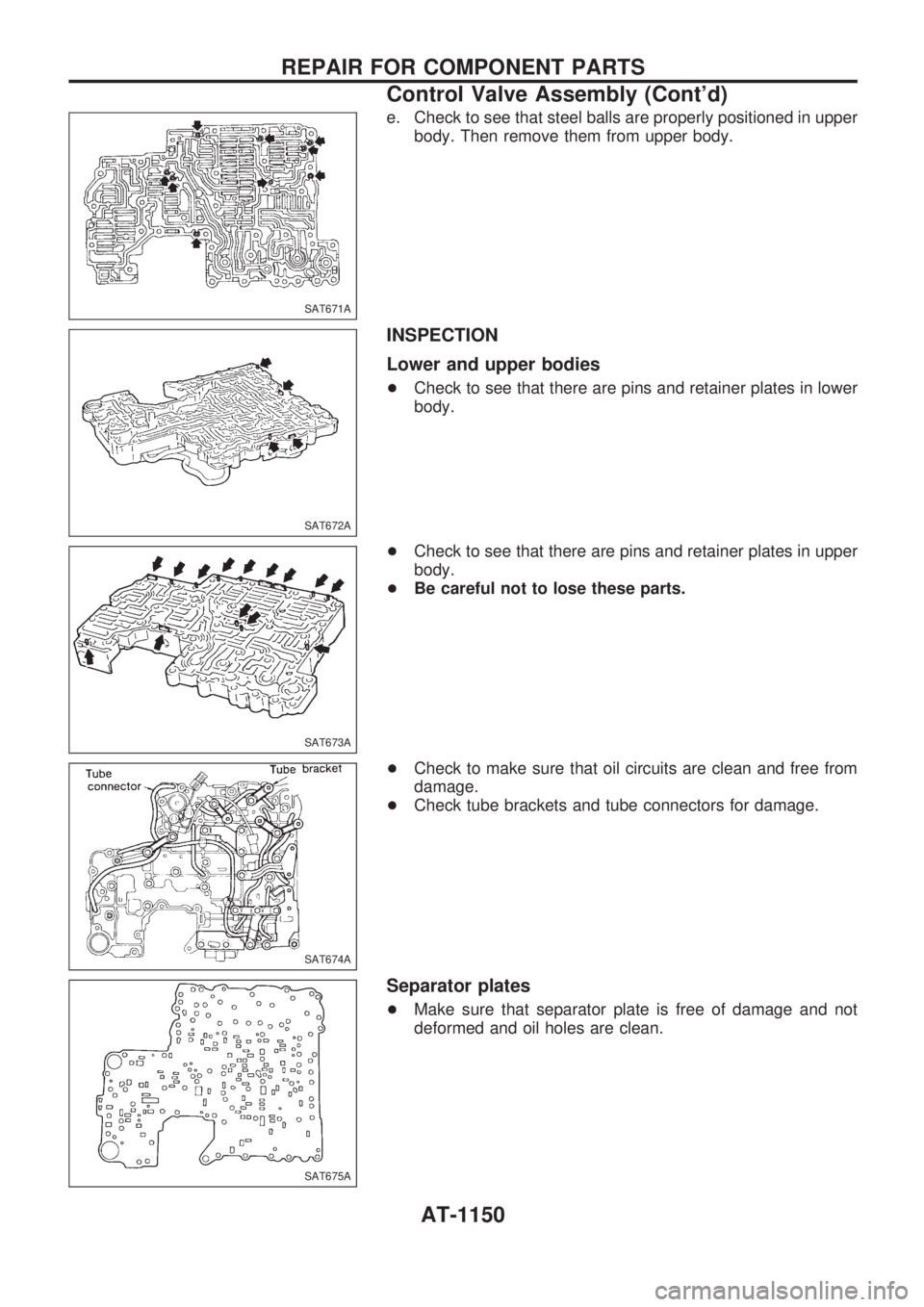 NISSAN PATROL 2000  Electronic Repair Manual e. Check to see that steel balls are properly positioned in upper
body. Then remove them from upper body.
INSPECTION
Lower and upper bodies
+Check to see that there are pins and retainer plates in low
