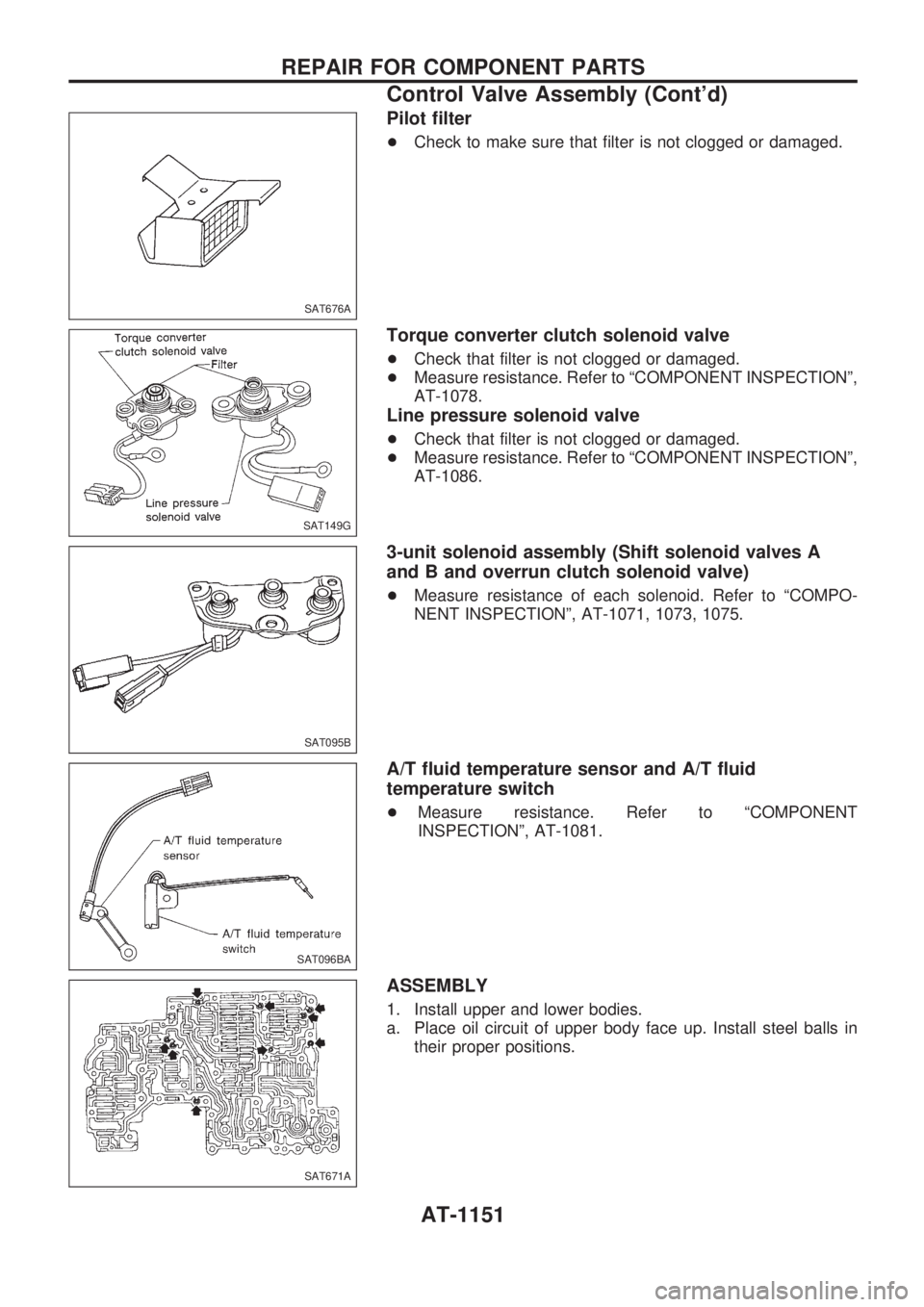 NISSAN PATROL 2000  Electronic Repair Manual Pilot filter
+Check to make sure that filter is not clogged or damaged.
Torque converter clutch solenoid valve
+Check that filter is not clogged or damaged.
+Measure resistance. Refer to ªCOMPONENT I