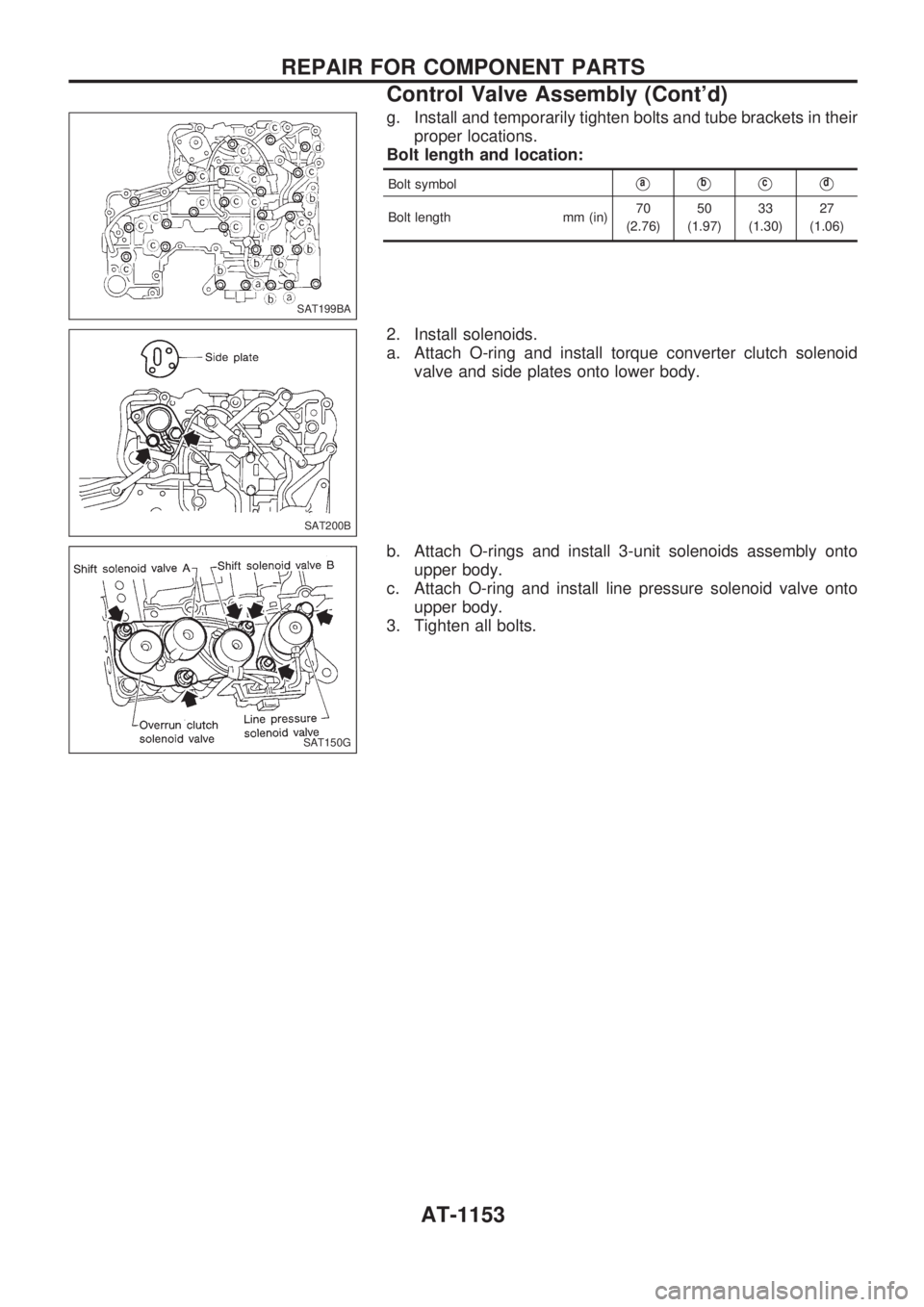 NISSAN PATROL 2000  Electronic Repair Manual g. Install and temporarily tighten bolts and tube brackets in their
proper locations.
Bolt length and location:
Bolt symbolVaVbVcVd
Bolt length mm (in)70
(2.76)50
(1.97)33
(1.30)27
(1.06)
2. Install s