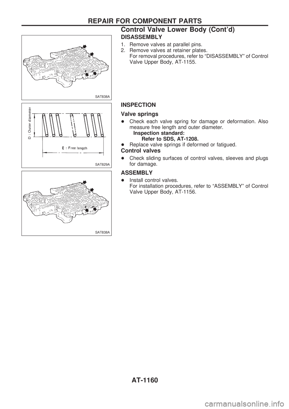 NISSAN PATROL 2000  Electronic Repair Manual DISASSEMBLY
1. Remove valves at parallel pins.
2. Remove valves at retainer plates.
For removal procedures, refer to ªDISASSEMBLYº of Control
Valve Upper Body, AT-1155.
INSPECTION
Valve springs
+Che