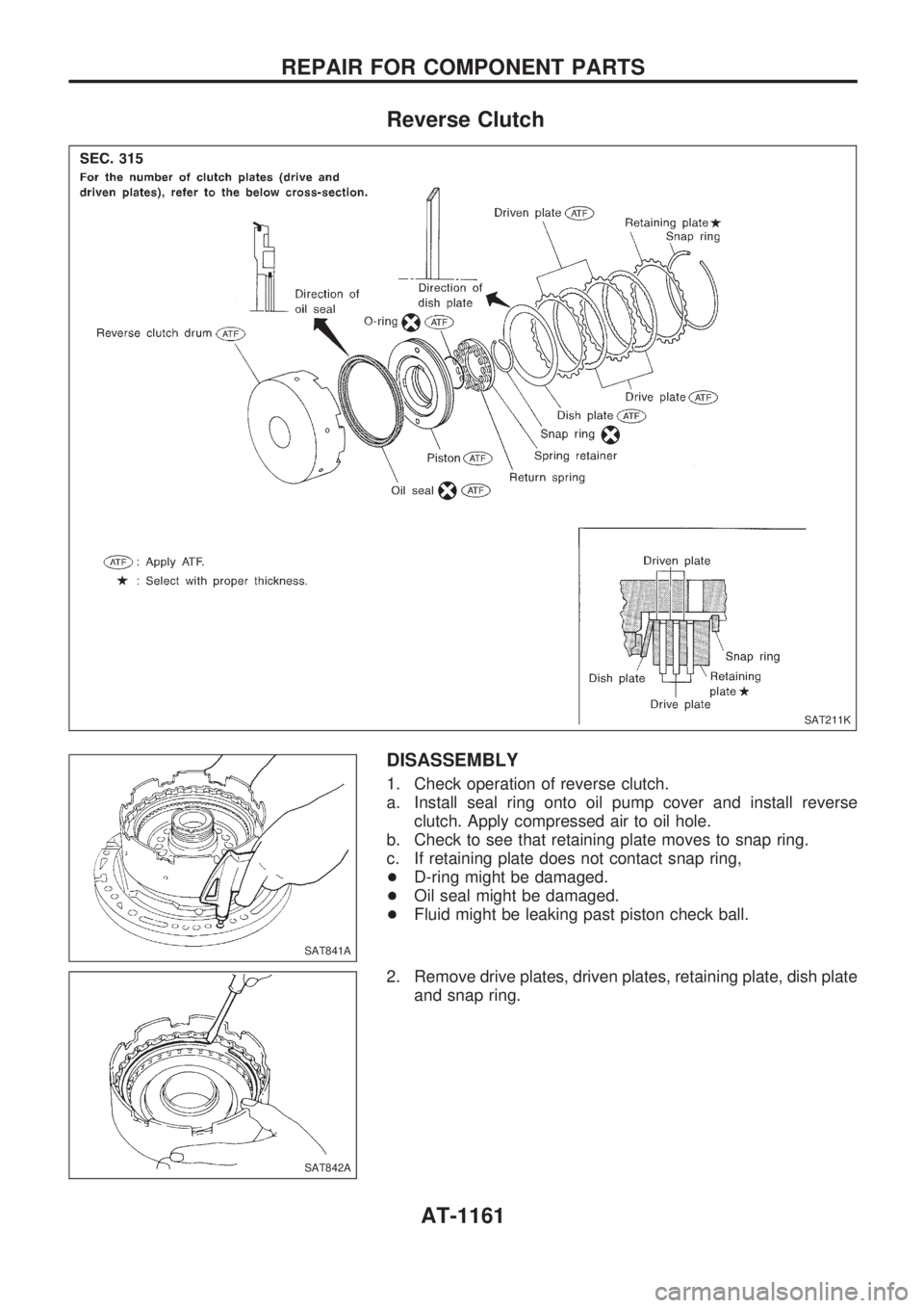 NISSAN PATROL 2000  Electronic Repair Manual Reverse Clutch
DISASSEMBLY
1. Check operation of reverse clutch.
a. Install seal ring onto oil pump cover and install reverse
clutch. Apply compressed air to oil hole.
b. Check to see that retaining p