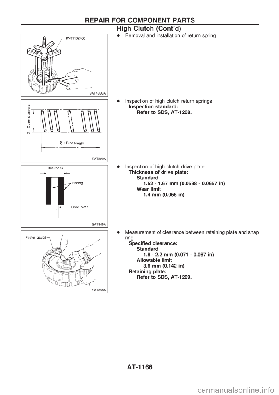 NISSAN PATROL 2000  Electronic Repair Manual +Removal and installation of return spring
+Inspection of high clutch return springs
Inspection standard:
Refer to SDS, AT-1208.
+Inspection of high clutch drive plate
Thickness of drive plate:
Standa
