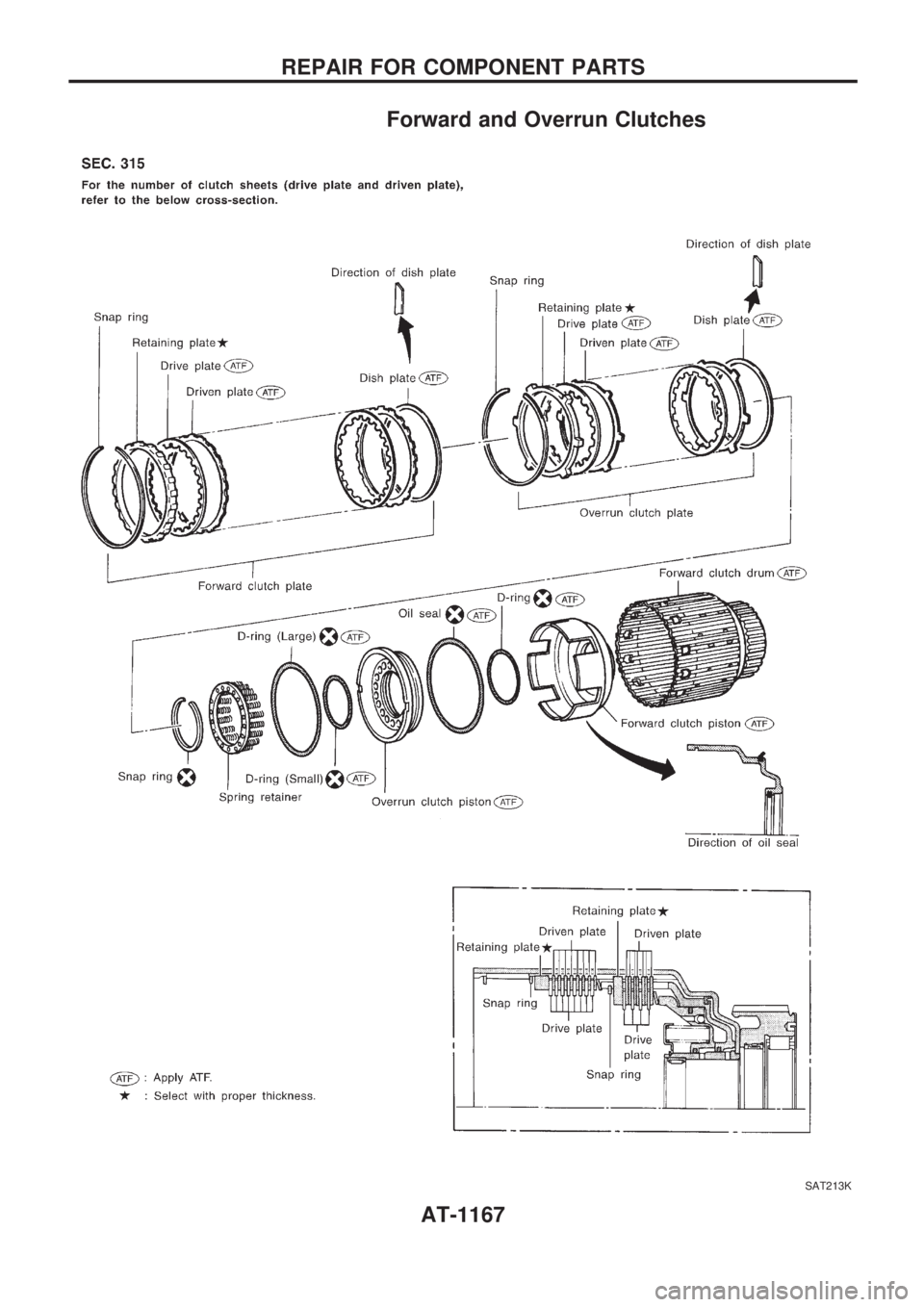 NISSAN PATROL 2000  Electronic Repair Manual Forward and Overrun Clutches
SAT213K
REPAIR FOR COMPONENT PARTS
AT-1167 