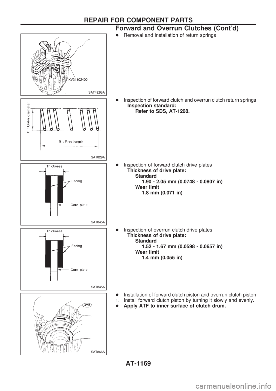 NISSAN PATROL 2000  Electronic Repair Manual +Removal and installation of return springs
+Inspection of forward clutch and overrun clutch return springs
Inspection standard:
Refer to SDS, AT-1208.
+Inspection of forward clutch drive plates
Thick