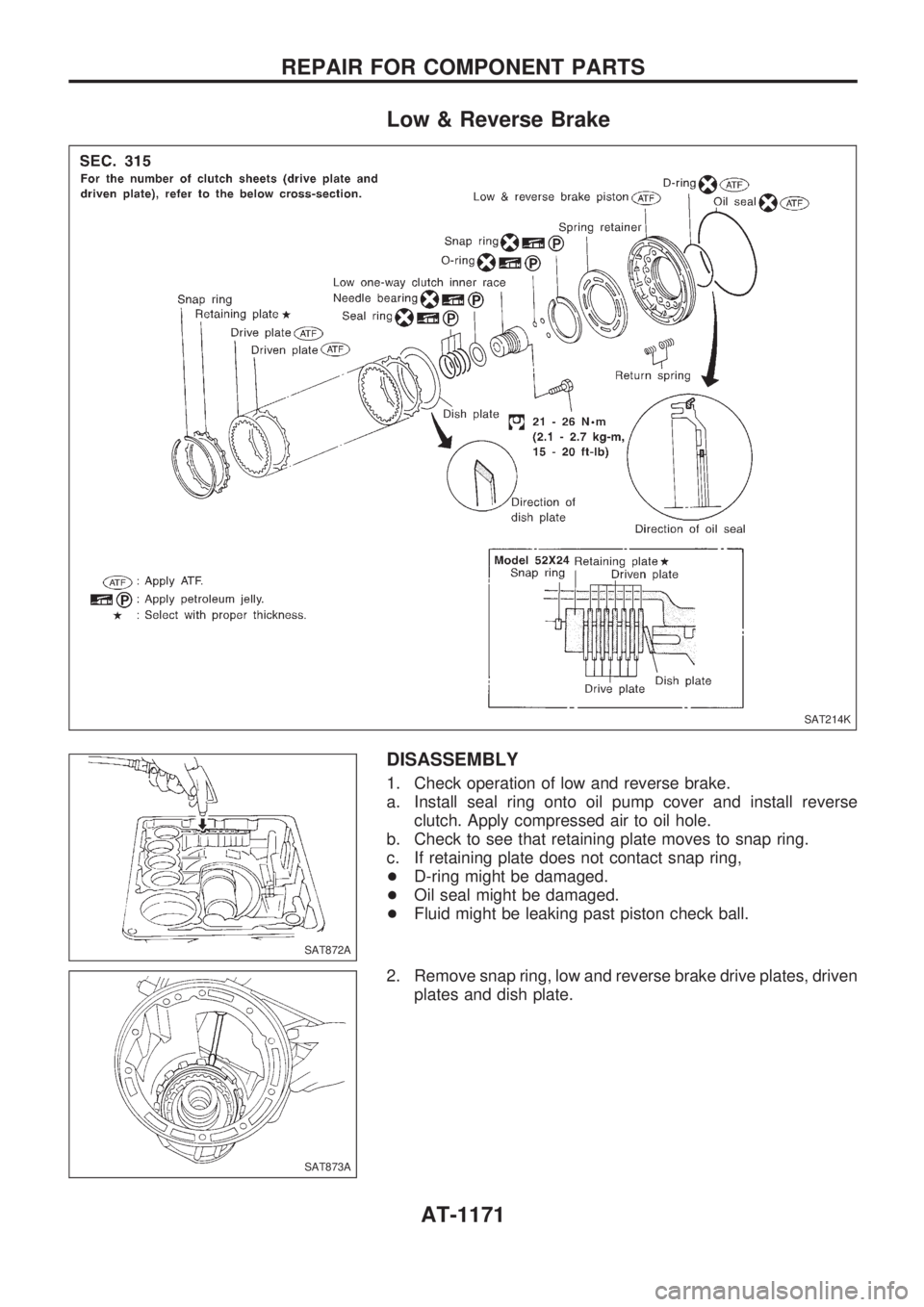 NISSAN PATROL 2000  Electronic Repair Manual Low & Reverse Brake
DISASSEMBLY
1. Check operation of low and reverse brake.
a. Install seal ring onto oil pump cover and install reverse
clutch. Apply compressed air to oil hole.
b. Check to see that