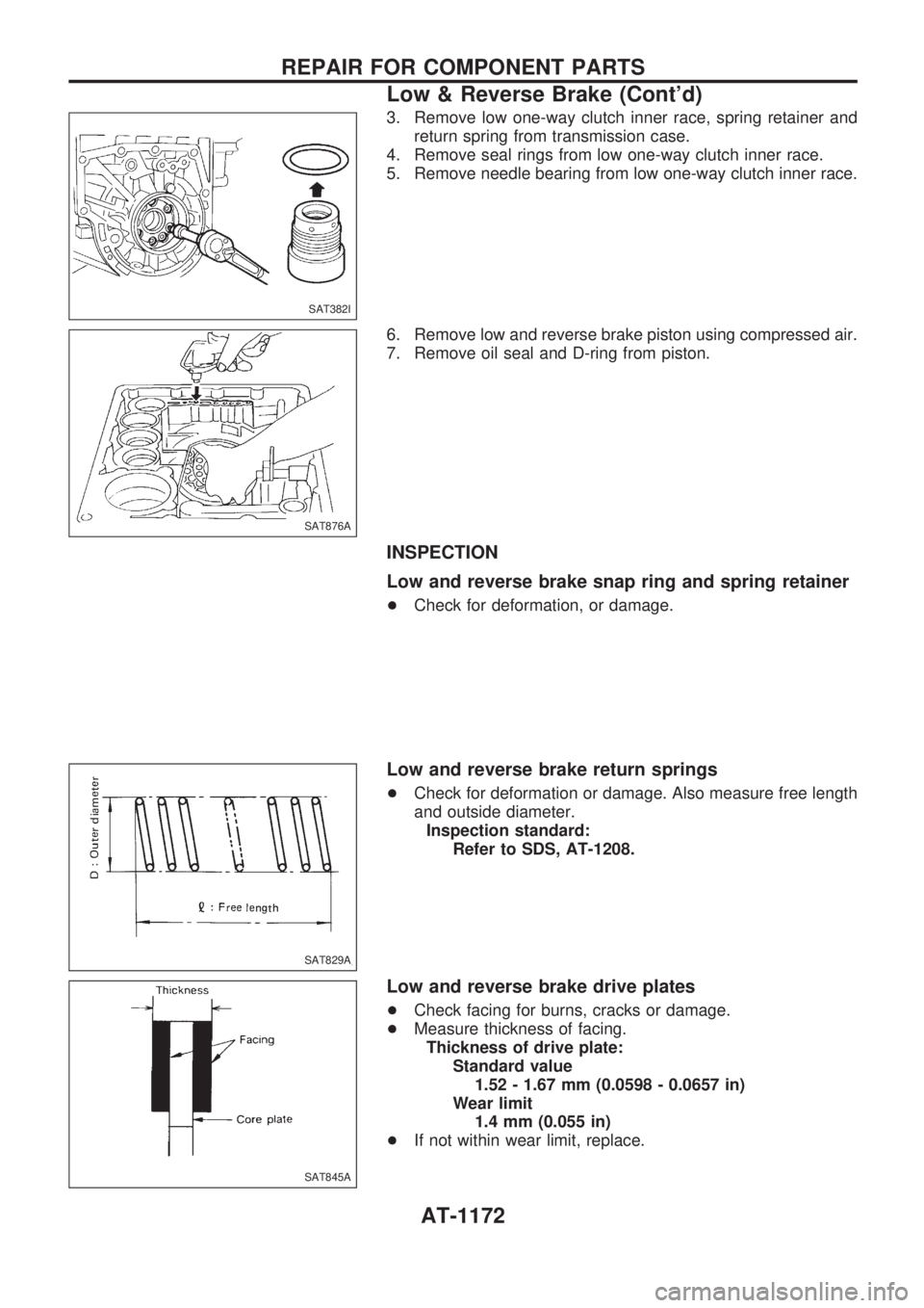 NISSAN PATROL 2000  Electronic Repair Manual 3. Remove low one-way clutch inner race, spring retainer and
return spring from transmission case.
4. Remove seal rings from low one-way clutch inner race.
5. Remove needle bearing from low one-way cl