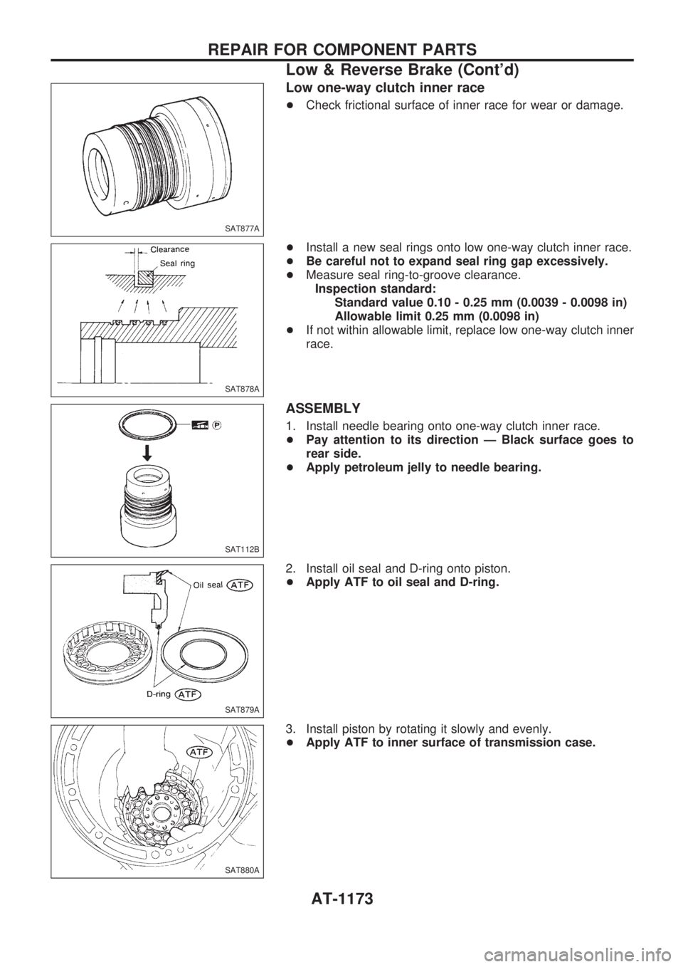 NISSAN PATROL 2000  Electronic Repair Manual Low one-way clutch inner race
+Check frictional surface of inner race for wear or damage.
+Install a new seal rings onto low one-way clutch inner race.
+Be careful not to expand seal ring gap excessiv