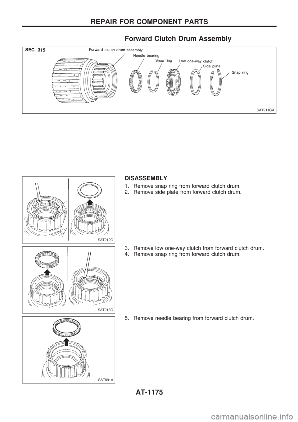 NISSAN PATROL 2000  Electronic Repair Manual Forward Clutch Drum Assembly
DISASSEMBLY
1. Remove snap ring from forward clutch drum.
2. Remove side plate from forward clutch drum.
3. Remove low one-way clutch from forward clutch drum.
4. Remove s