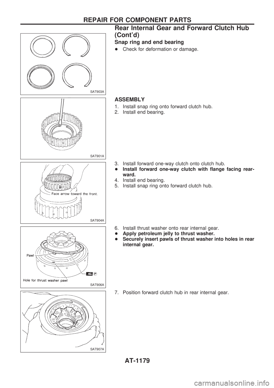 NISSAN PATROL 2000  Electronic Repair Manual Snap ring and end bearing
+Check for deformation or damage.
ASSEMBLY
1. Install snap ring onto forward clutch hub.
2. Install end bearing.
3. Install forward one-way clutch onto clutch hub.
+Install f