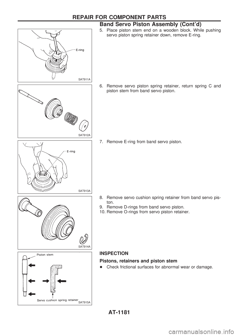 NISSAN PATROL 2000  Electronic Repair Manual 5. Place piston stem end on a wooden block. While pushing
servo piston spring retainer down, remove E-ring.
6. Remove servo piston spring retainer, return spring C and
piston stem from band servo pist