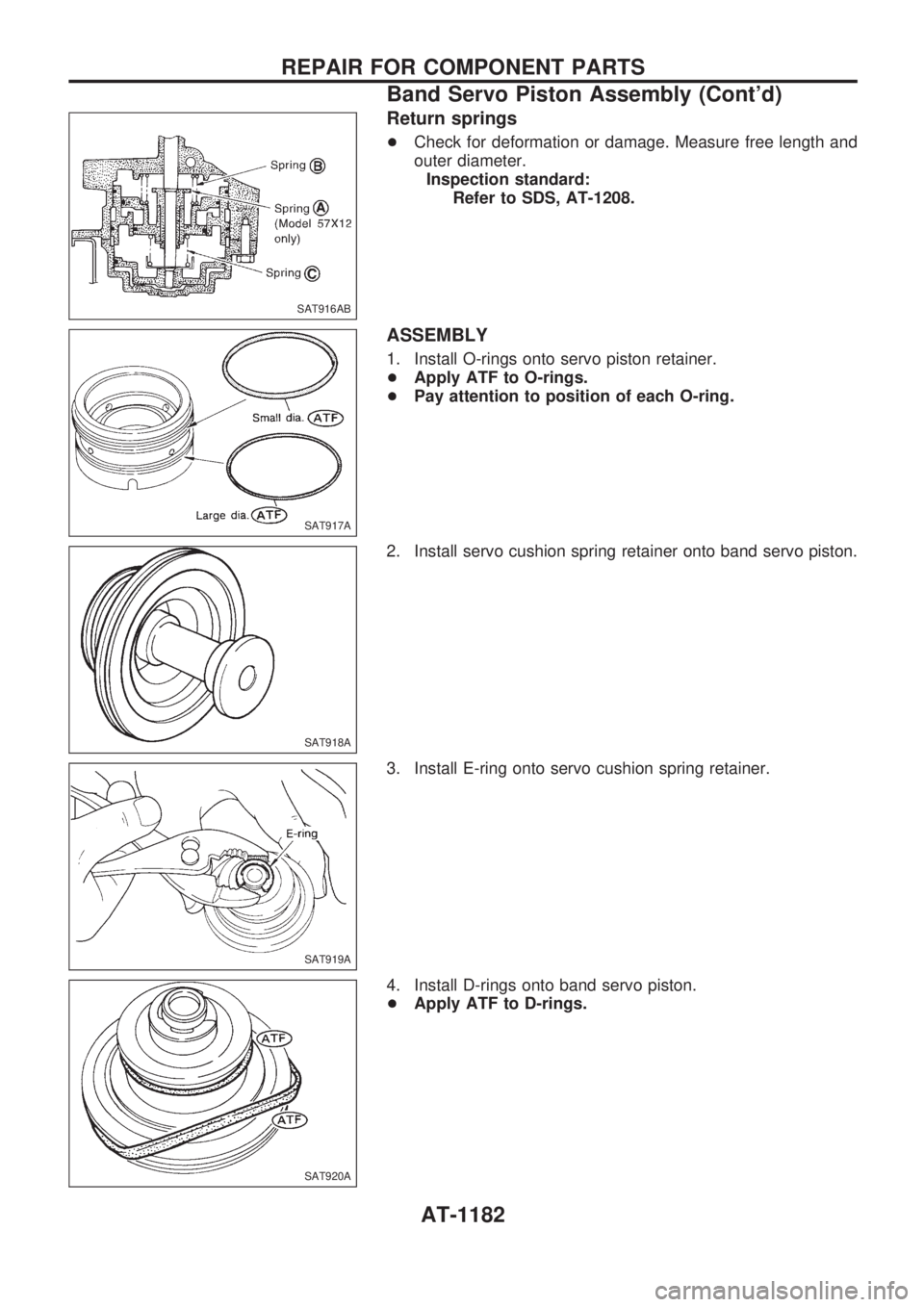 NISSAN PATROL 2000  Electronic Repair Manual Return springs
+Check for deformation or damage. Measure free length and
outer diameter.
Inspection standard:
Refer to SDS, AT-1208.
ASSEMBLY
1. Install O-rings onto servo piston retainer.
+Apply ATF 