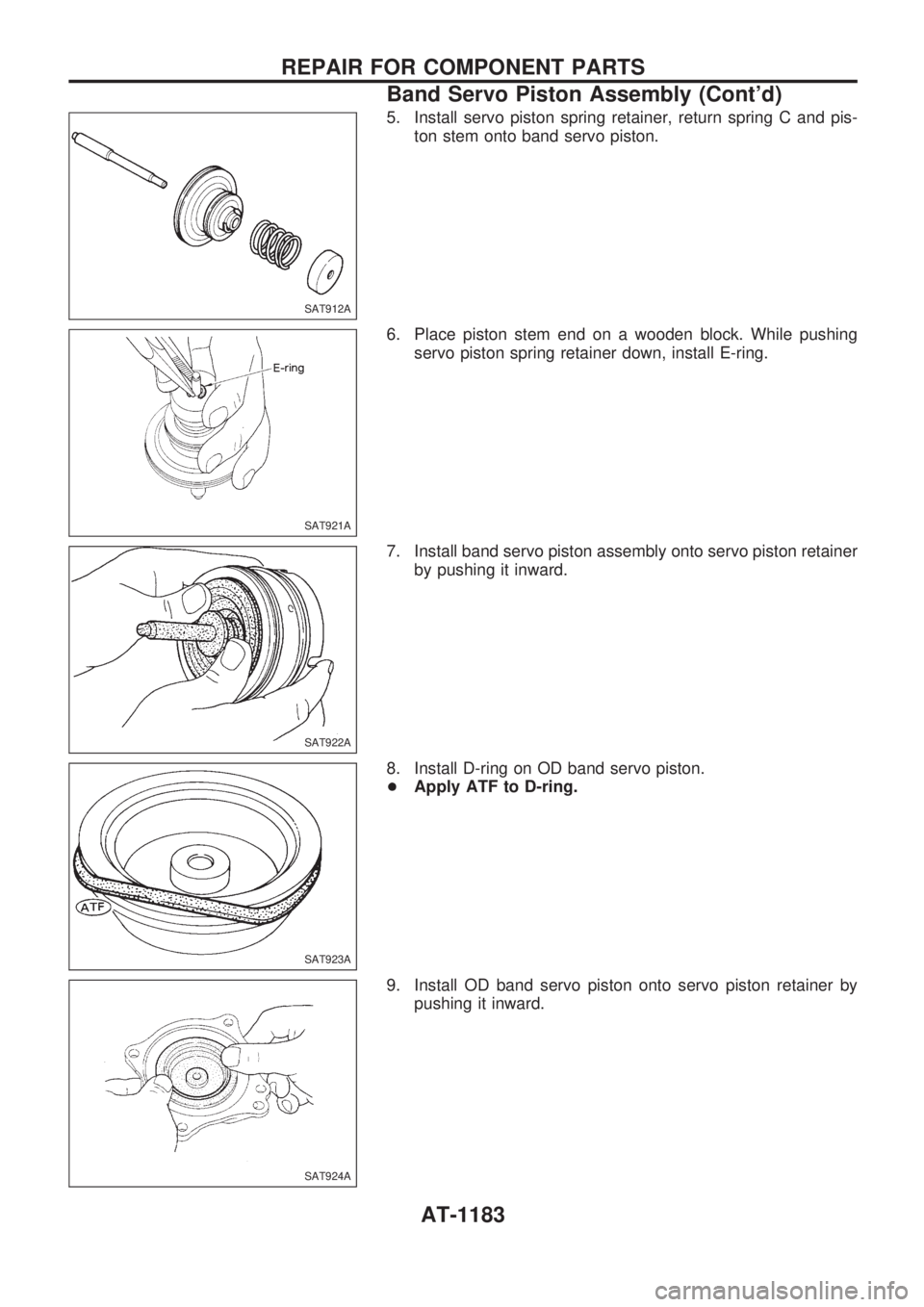 NISSAN PATROL 2000  Electronic Repair Manual 5. Install servo piston spring retainer, return spring C and pis-
ton stem onto band servo piston.
6. Place piston stem end on a wooden block. While pushing
servo piston spring retainer down, install 