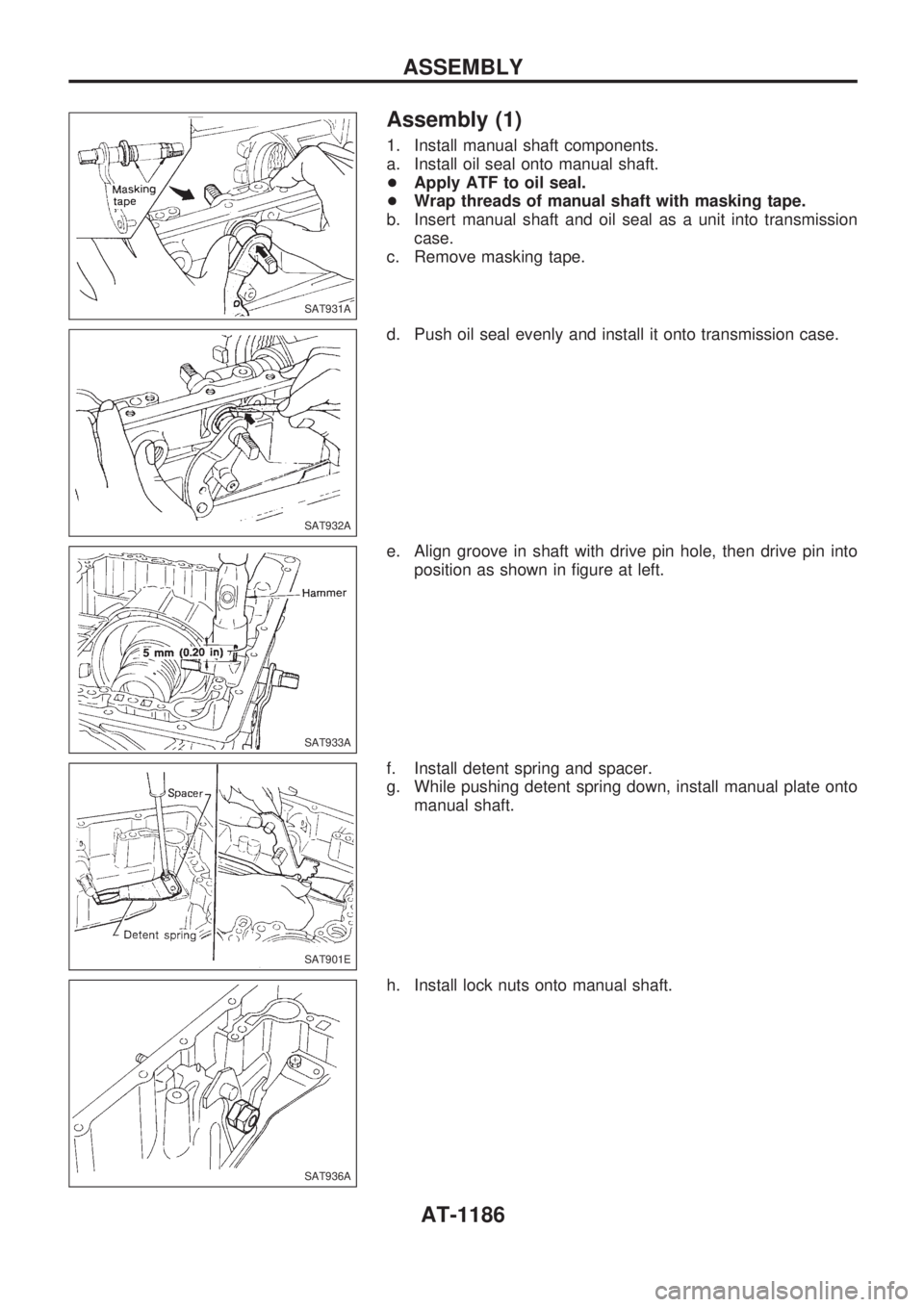 NISSAN PATROL 2000  Electronic Repair Manual Assembly (1)
1. Install manual shaft components.
a. Install oil seal onto manual shaft.
+Apply ATF to oil seal.
+Wrap threads of manual shaft with masking tape.
b. Insert manual shaft and oil seal as 
