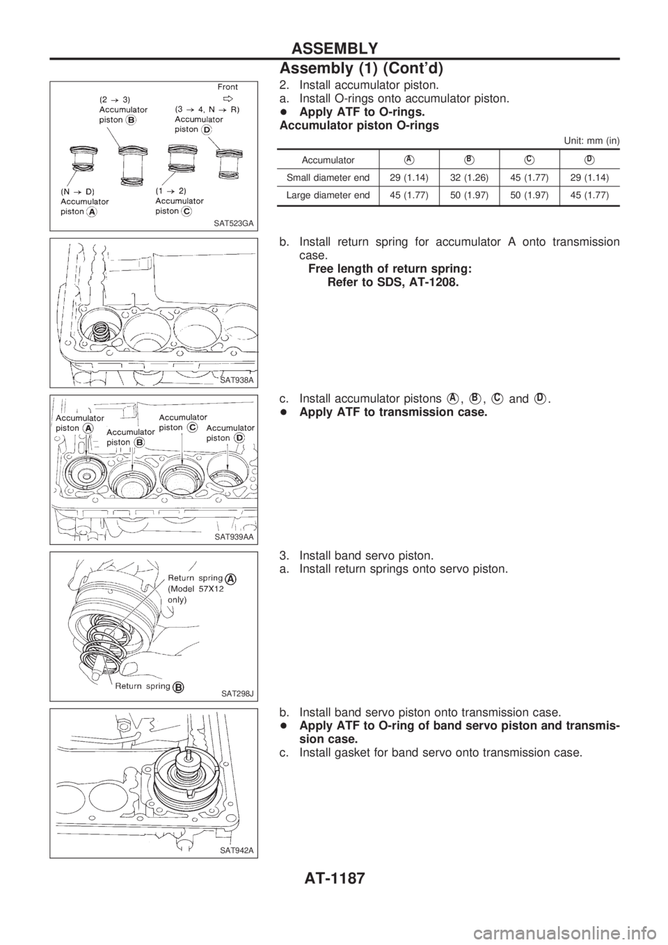 NISSAN PATROL 2000  Electronic Repair Manual 2. Install accumulator piston.
a. Install O-rings onto accumulator piston.
+Apply ATF to O-rings.
Accumulator piston O-rings
Unit: mm (in)
AccumulatorVAVBVCVD
Small diameter end 29 (1.14) 32 (1.26) 45