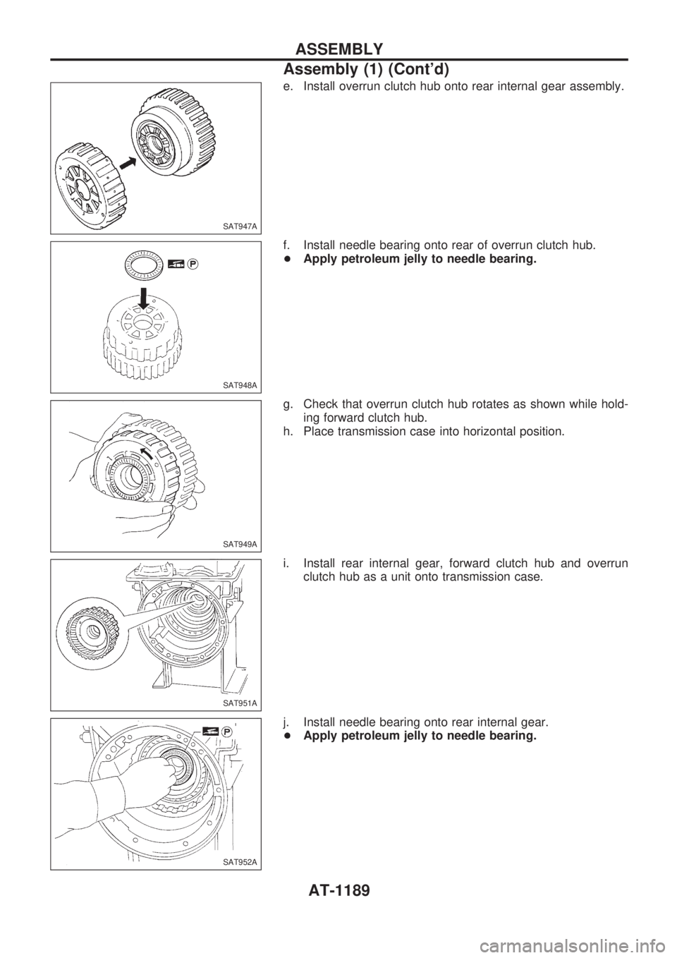 NISSAN PATROL 2000  Electronic Repair Manual e. Install overrun clutch hub onto rear internal gear assembly.
f. Install needle bearing onto rear of overrun clutch hub.
+Apply petroleum jelly to needle bearing.
g. Check that overrun clutch hub ro
