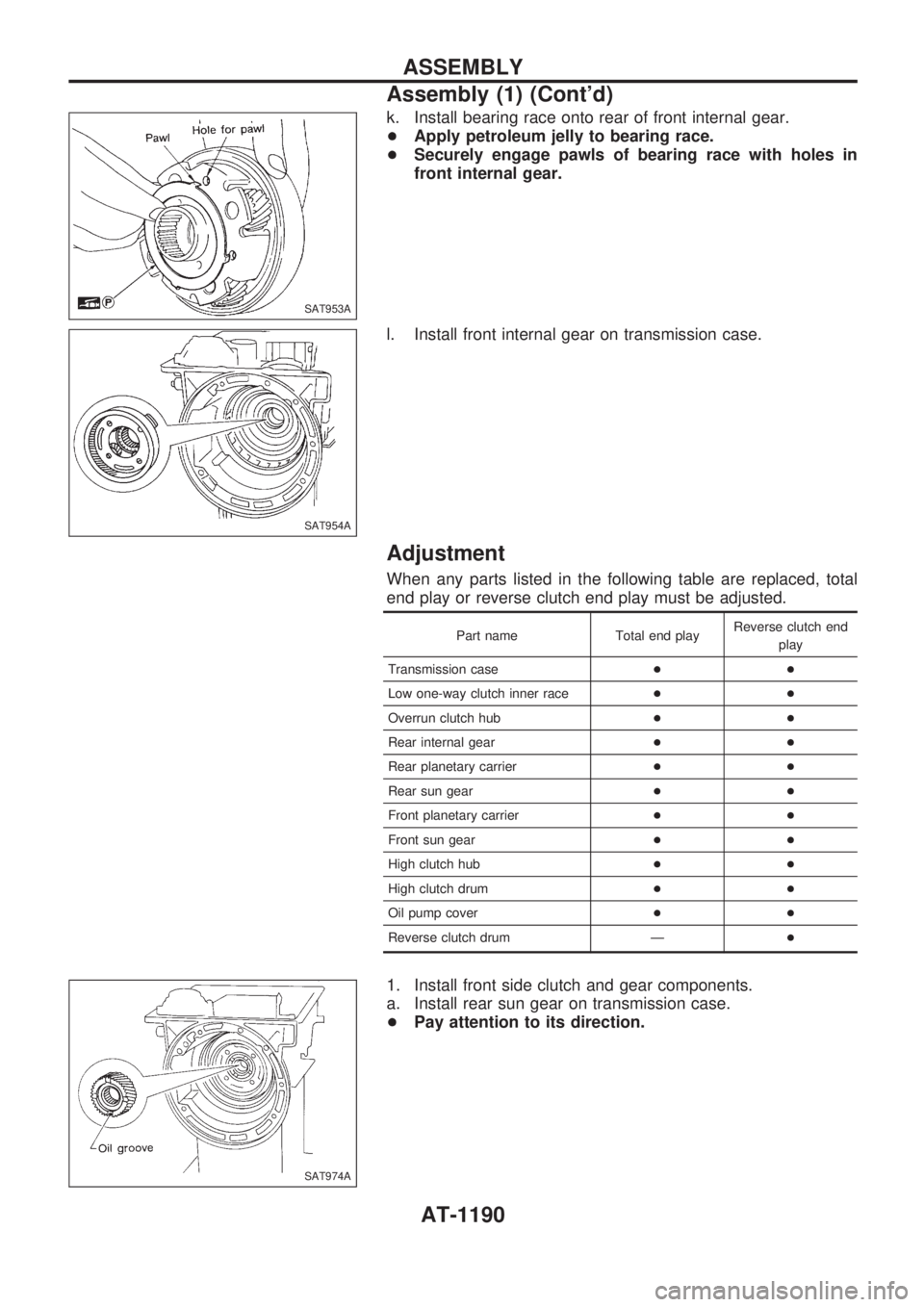 NISSAN PATROL 2000  Electronic Repair Manual k. Install bearing race onto rear of front internal gear.
+Apply petroleum jelly to bearing race.
+Securely engage pawls of bearing race with holes in
front internal gear.
l. Install front internal ge