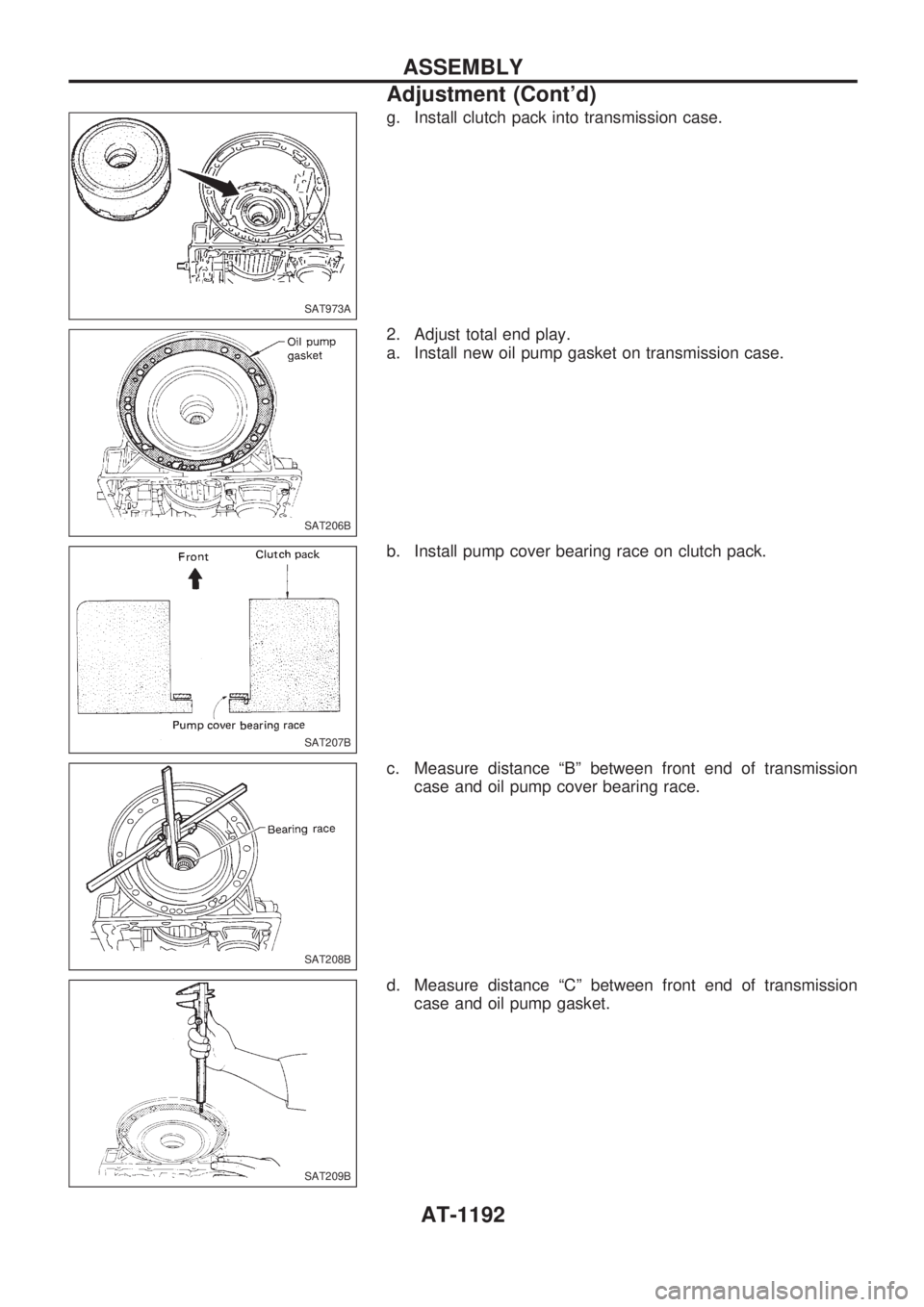 NISSAN PATROL 2000  Electronic Repair Manual g. Install clutch pack into transmission case.
2. Adjust total end play.
a. Install new oil pump gasket on transmission case.
b. Install pump cover bearing race on clutch pack.
c. Measure distance ªB