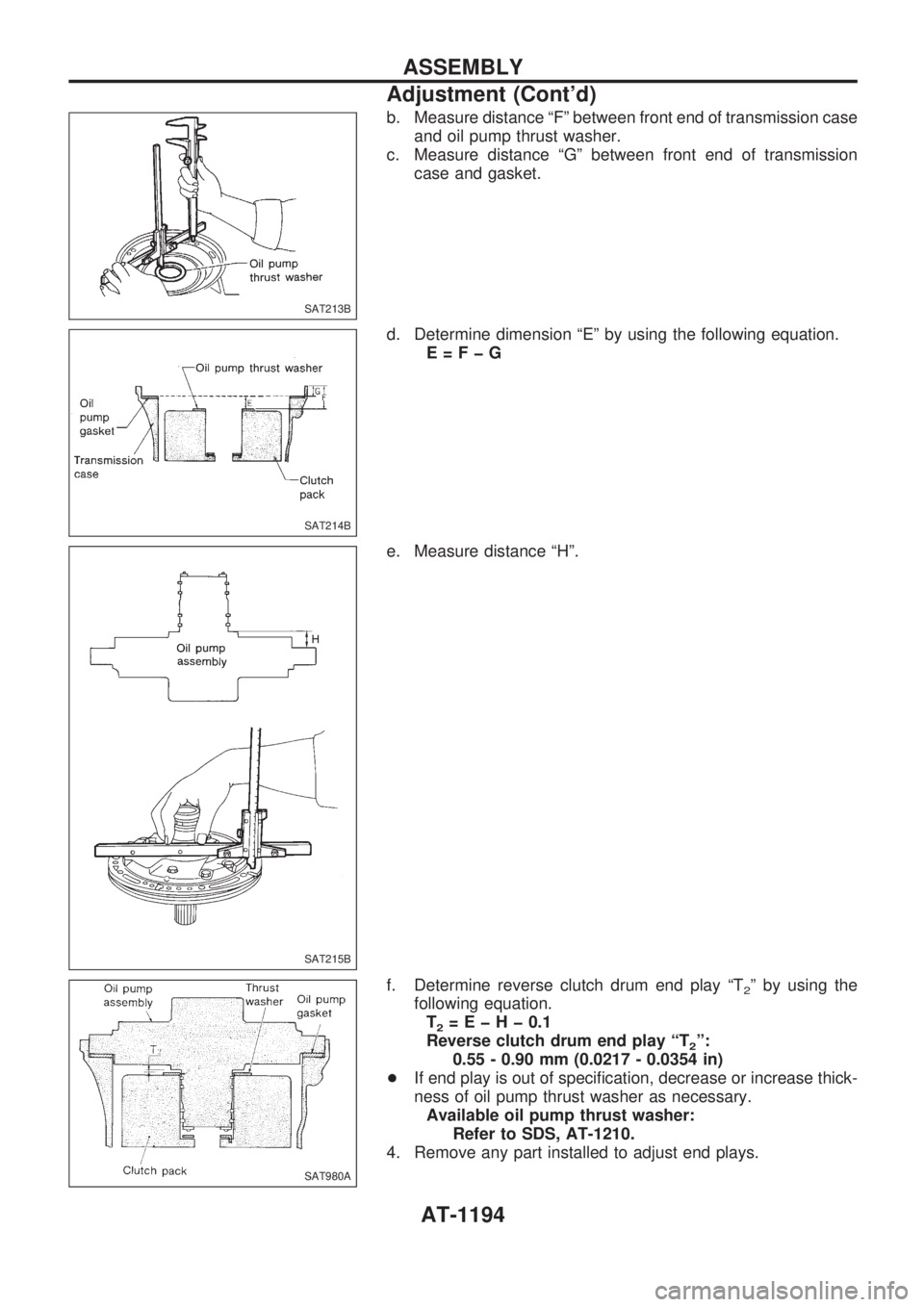 NISSAN PATROL 2000  Electronic Repair Manual b. Measure distance ªFº between front end of transmission case
and oil pump thrust washer.
c. Measure distance ªGº between front end of transmission
case and gasket.
d. Determine dimension ªEº b