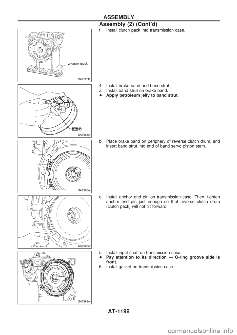 NISSAN PATROL 2000  Electronic Repair Manual f. Install clutch pack into transmission case.
4. Install brake band and band strut.
a. Install band strut on brake band.
+Apply petroleum jelly to band strut.
b. Place brake band on periphery of reve