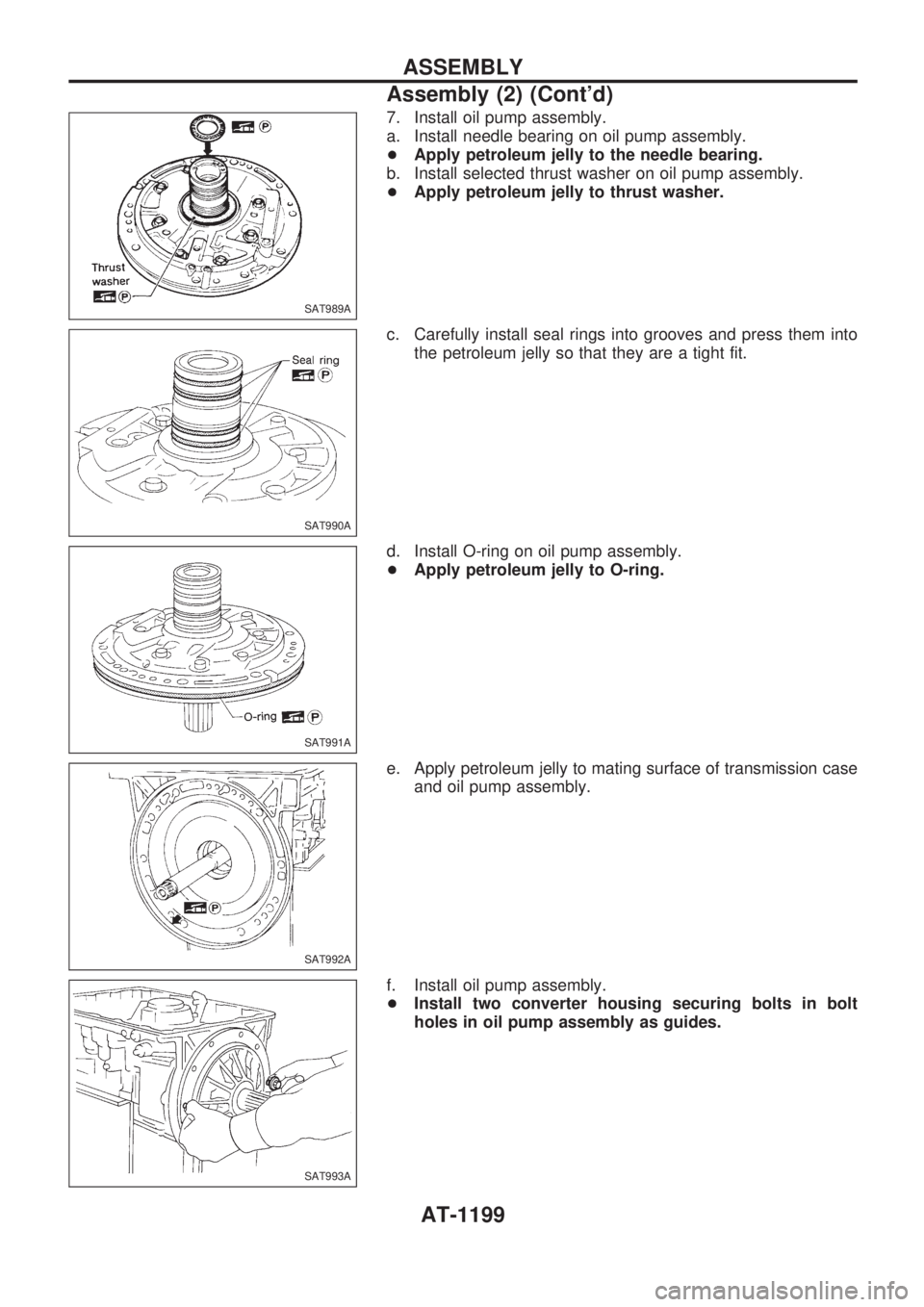 NISSAN PATROL 2000 Electronic Repair Manual 7. Install oil pump assembly.
a. Install needle bearing on oil pump assembly.
+Apply petroleum jelly to the needle bearing.
b. Install selected thrust washer on oil pump assembly.
+Apply petroleum jel NISSAN PATROL 2000 Electronic Repair Manual 7. Install oil pump assembly.
a. Install needle bearing on oil pump assembly.
+Apply petroleum jelly to the needle bearing.
b. Install selected thrust washer on oil pump assembly.
+Apply petroleum jel