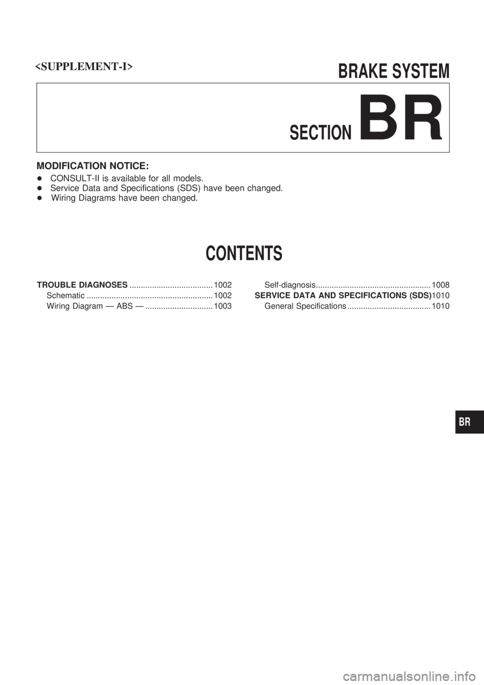NISSAN PATROL 2000  Electronic Repair Manual BRAKE SYSTEM
SECTION
BR
MODIFICATION NOTICE:
+CONSULT-II is available for all models.
+Service Data and Specifications (SDS) have been changed.
+Wiring Diagrams have been changed.
CONTENTS
TROUBLE DIA