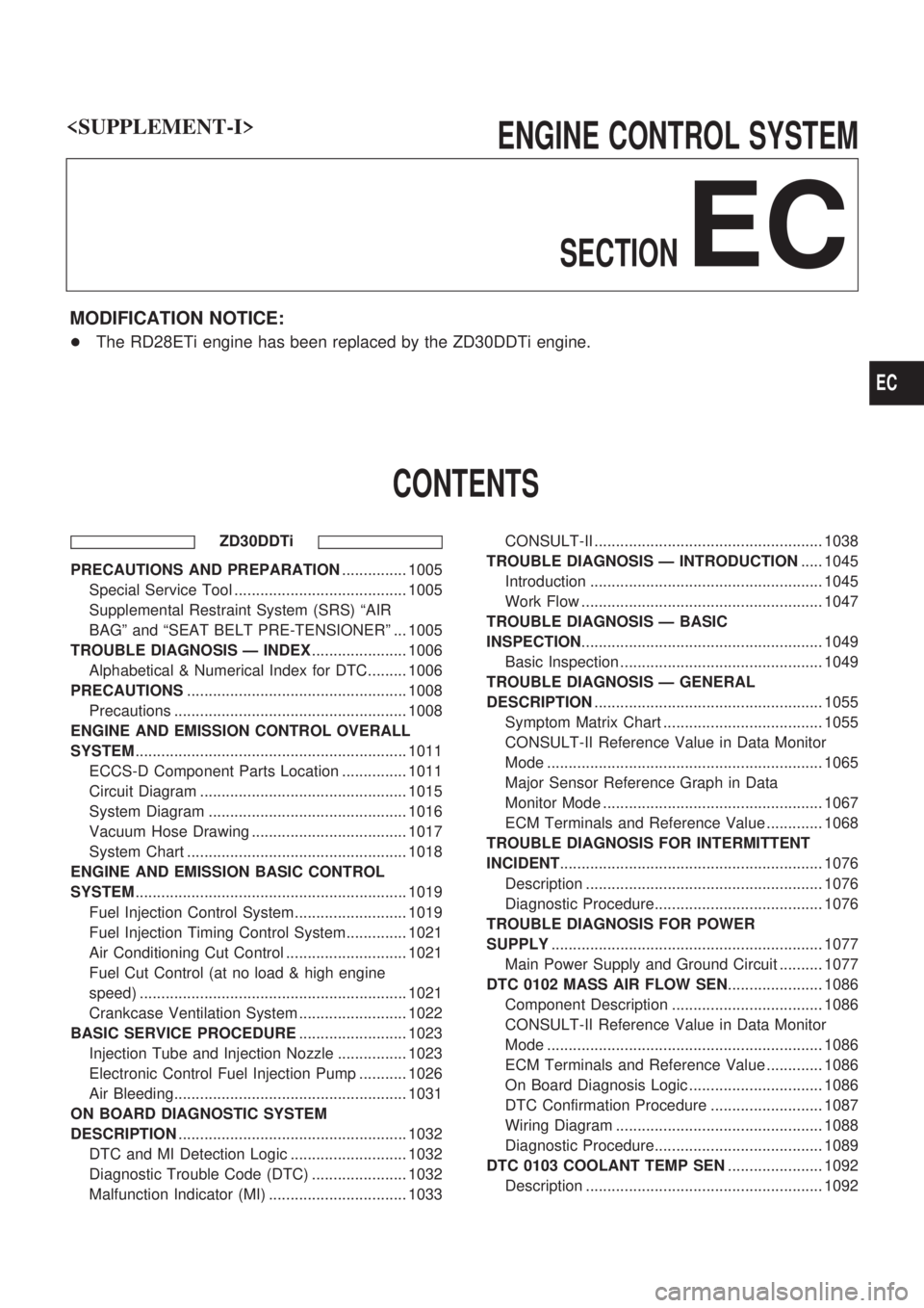 NISSAN PATROL 2000 Electronic Repair Manual ENGINE CONTROL SYSTEM
SECTION
EC
MODIFICATION NOTICE:
+The RD28ETi engine has been replaced by the ZD30DDTi engine.
CONTENTS
ZD30DDTi
PRECAUTIONS AND PREPARATION............... 1005
Special Service To NISSAN PATROL 2000 Electronic Repair Manual ENGINE CONTROL SYSTEM
SECTION
EC
MODIFICATION NOTICE:
+The RD28ETi engine has been replaced by the ZD30DDTi engine.
CONTENTS
ZD30DDTi
PRECAUTIONS AND PREPARATION............... 1005
Special Service To