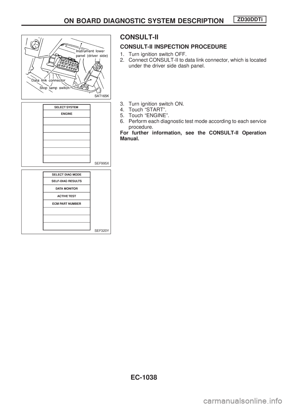 NISSAN PATROL 2000 Electronic Repair Manual CONSULT-II
CONSULT-II INSPECTION PROCEDURE
1. Turn ignition switch OFF.
2. Connect CONSULT-II to data link connector, which is located
under the driver side dash panel.
3. Turn ignition switch ON.
4. NISSAN PATROL 2000 Electronic Repair Manual CONSULT-II
CONSULT-II INSPECTION PROCEDURE
1. Turn ignition switch OFF.
2. Connect CONSULT-II to data link connector, which is located
under the driver side dash panel.
3. Turn ignition switch ON.
4.
