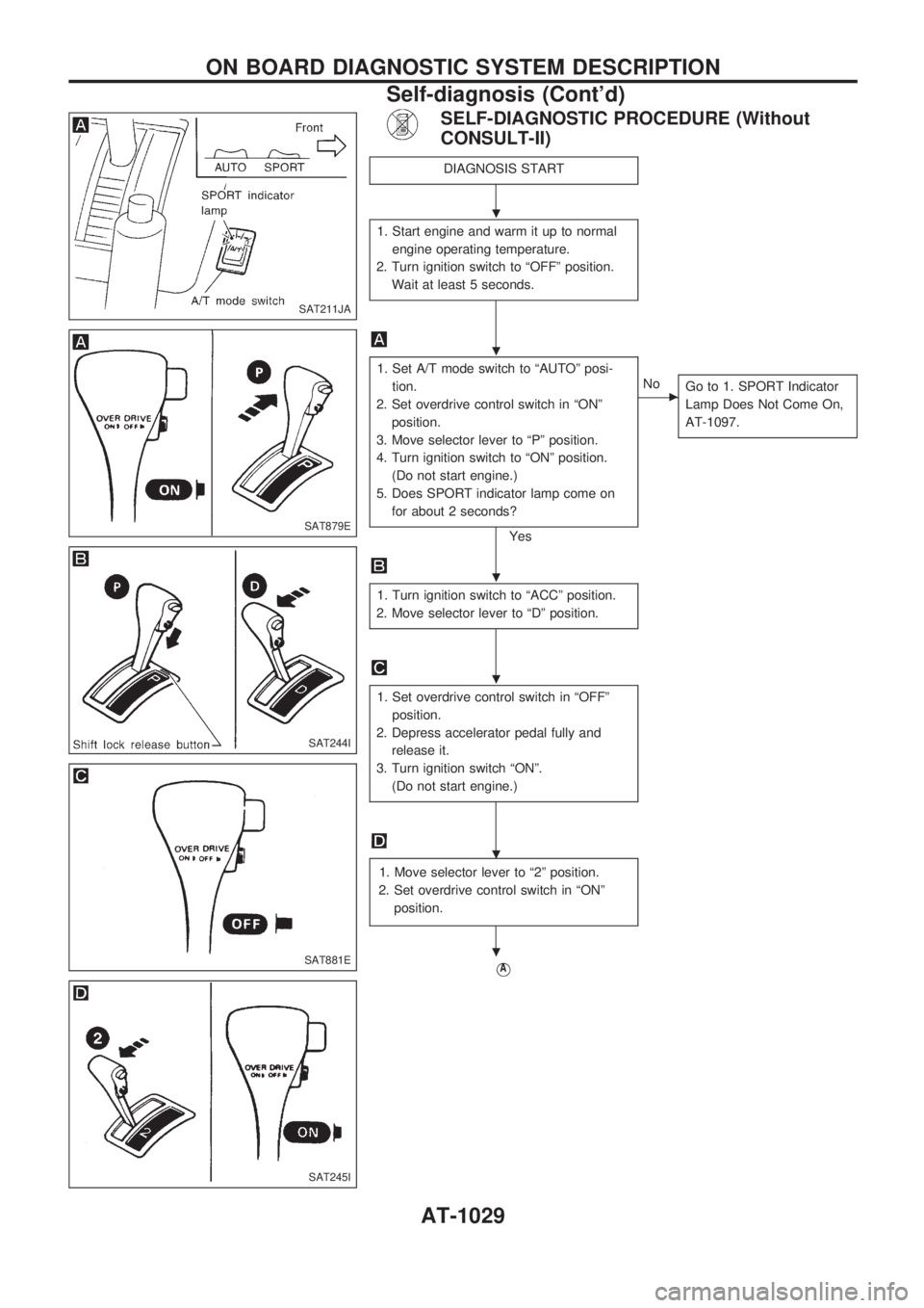 NISSAN PATROL 2000 Electronic Owners Guide SELF-DIAGNOSTIC PROCEDURE (Without
CONSULT-II)
DIAGNOSIS START
1. Start engine and warm it up to normal
engine operating temperature.
2. Turn ignition switch to ªOFFº position.
Wait at least 5 secon NISSAN PATROL 2000 Electronic Owners Guide SELF-DIAGNOSTIC PROCEDURE (Without
CONSULT-II)
DIAGNOSIS START
1. Start engine and warm it up to normal
engine operating temperature.
2. Turn ignition switch to ªOFFº position.
Wait at least 5 secon