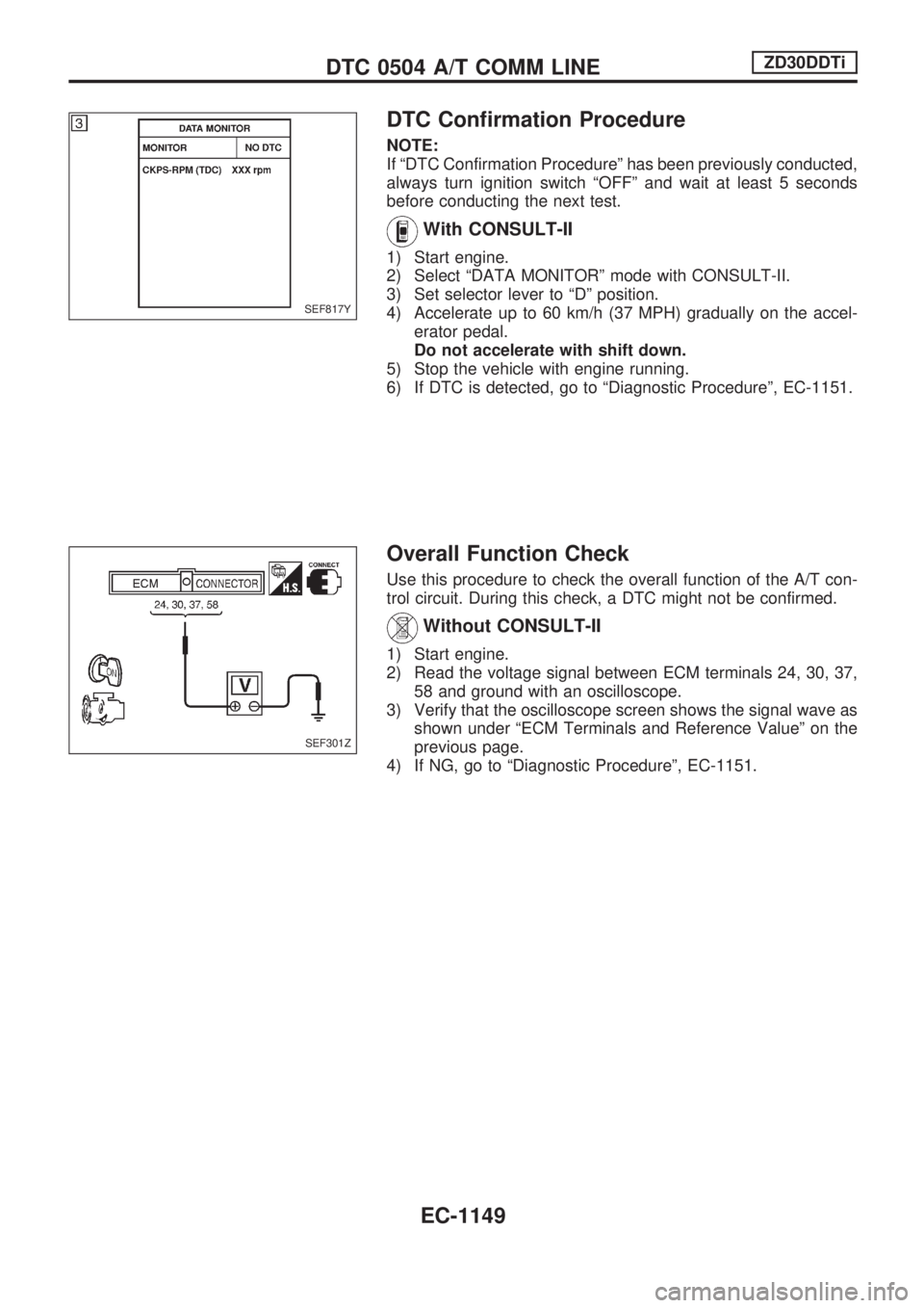 NISSAN PATROL 2000 Electronic Repair Manual DTC Confirmation Procedure
NOTE:
If ªDTC Confirmation Procedureº has been previously conducted,
always turn ignition switch ªOFFº and wait at least 5 seconds
before conducting the next test.
With NISSAN PATROL 2000 Electronic Repair Manual DTC Confirmation Procedure
NOTE:
If ªDTC Confirmation Procedureº has been previously conducted,
always turn ignition switch ªOFFº and wait at least 5 seconds
before conducting the next test.
With