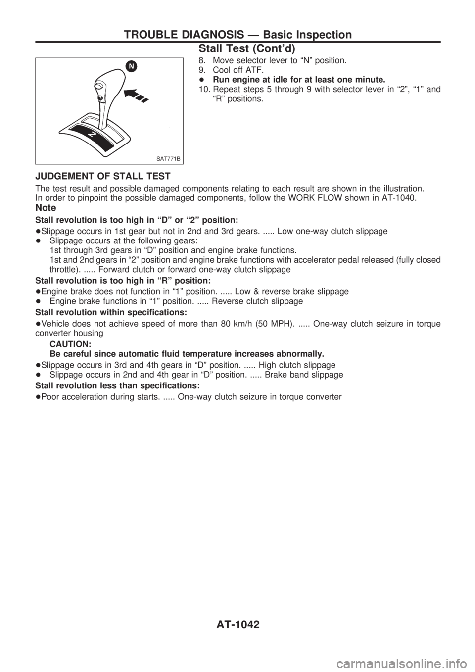 NISSAN PATROL 2000 Electronic Service Manual 8. Move selector lever to ªNº position.
9. Cool off ATF.
+Run engine at idle for at least one minute.
10. Repeat steps 5 through 9 with selector lever in ª2º, ª1º and
ªRº positions.
JUDGEMENT NISSAN PATROL 2000 Electronic Service Manual 8. Move selector lever to ªNº position.
9. Cool off ATF.
+Run engine at idle for at least one minute.
10. Repeat steps 5 through 9 with selector lever in ª2º, ª1º and
ªRº positions.
JUDGEMENT