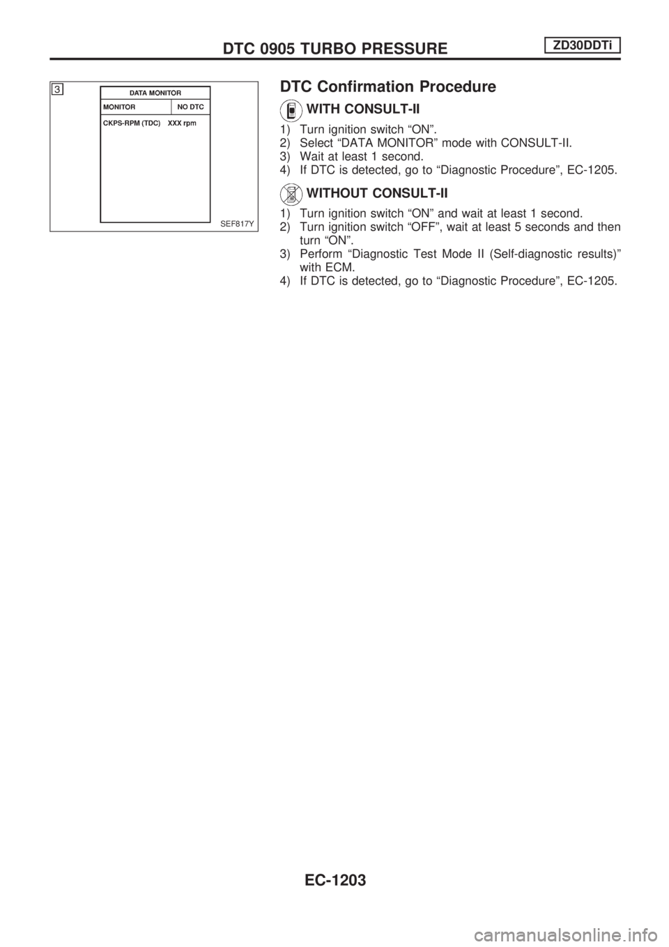 NISSAN PATROL 2000 Electronic Repair Manual DTC Confirmation Procedure
WITH CONSULT-II
1) Turn ignition switch ªONº.
2) Select ªDATA MONITORº mode with CONSULT-II.
3) Wait at least 1 second.
4) If DTC is detected, go to ªDiagnostic Procedu NISSAN PATROL 2000 Electronic Repair Manual DTC Confirmation Procedure
WITH CONSULT-II
1) Turn ignition switch ªONº.
2) Select ªDATA MONITORº mode with CONSULT-II.
3) Wait at least 1 second.
4) If DTC is detected, go to ªDiagnostic Procedu