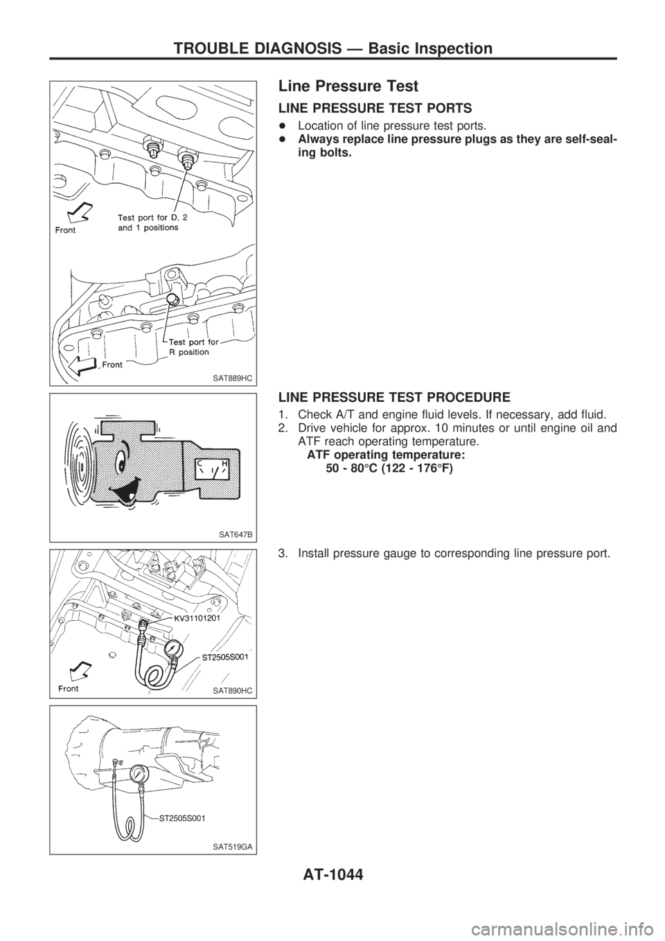 NISSAN PATROL 2000 Electronic Service Manual Line Pressure Test
LINE PRESSURE TEST PORTS
+Location of line pressure test ports.
+Always replace line pressure plugs as they are self-seal-
ing bolts.
LINE PRESSURE TEST PROCEDURE
1. Check A/T and e NISSAN PATROL 2000 Electronic Service Manual Line Pressure Test
LINE PRESSURE TEST PORTS
+Location of line pressure test ports.
+Always replace line pressure plugs as they are self-seal-
ing bolts.
LINE PRESSURE TEST PROCEDURE
1. Check A/T and e