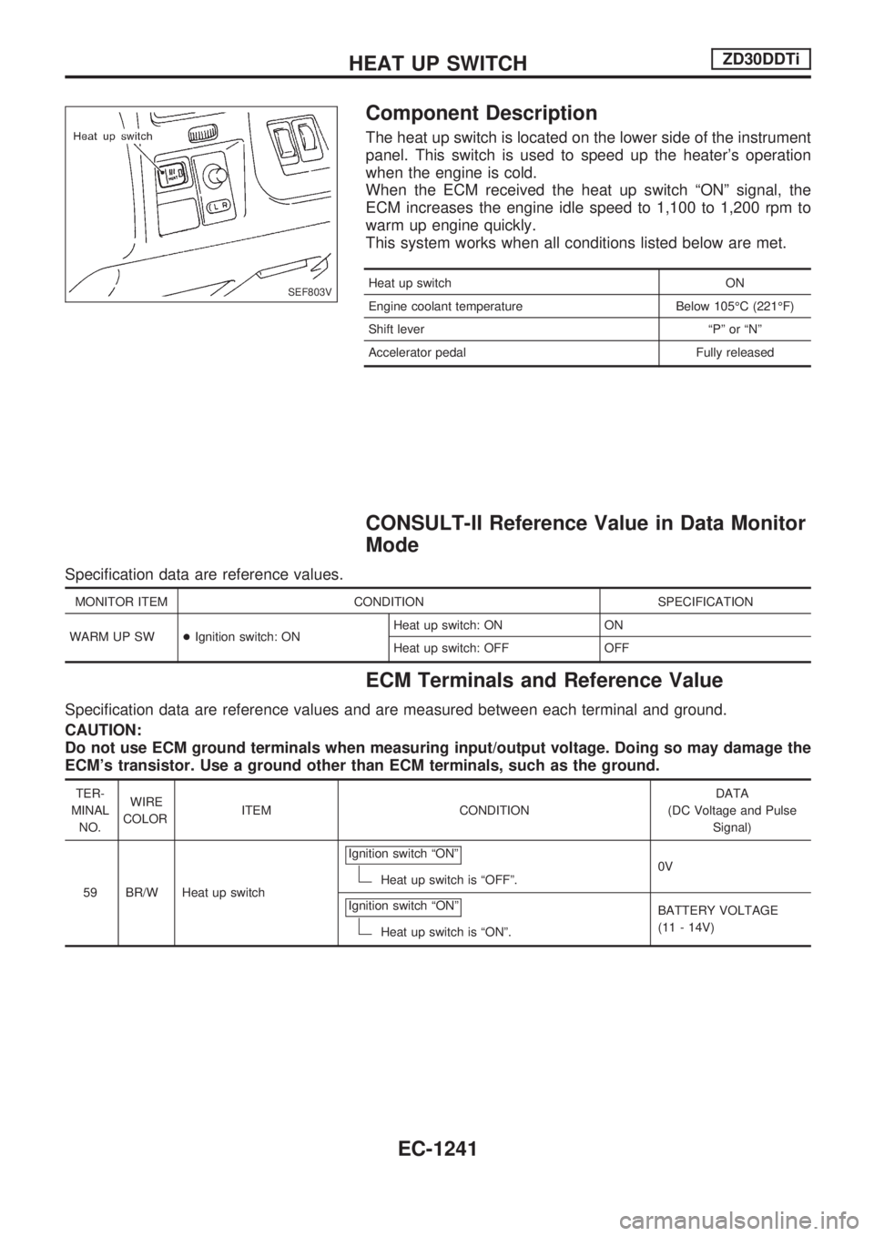 NISSAN PATROL 2000 Electronic Repair Manual Component Description
The heat up switch is located on the lower side of the instrument
panel. This switch is used to speed up the heaters operation
when the engine is cold.
When the ECM received the NISSAN PATROL 2000 Electronic Repair Manual Component Description
The heat up switch is located on the lower side of the instrument
panel. This switch is used to speed up the heaters operation
when the engine is cold.
When the ECM received the