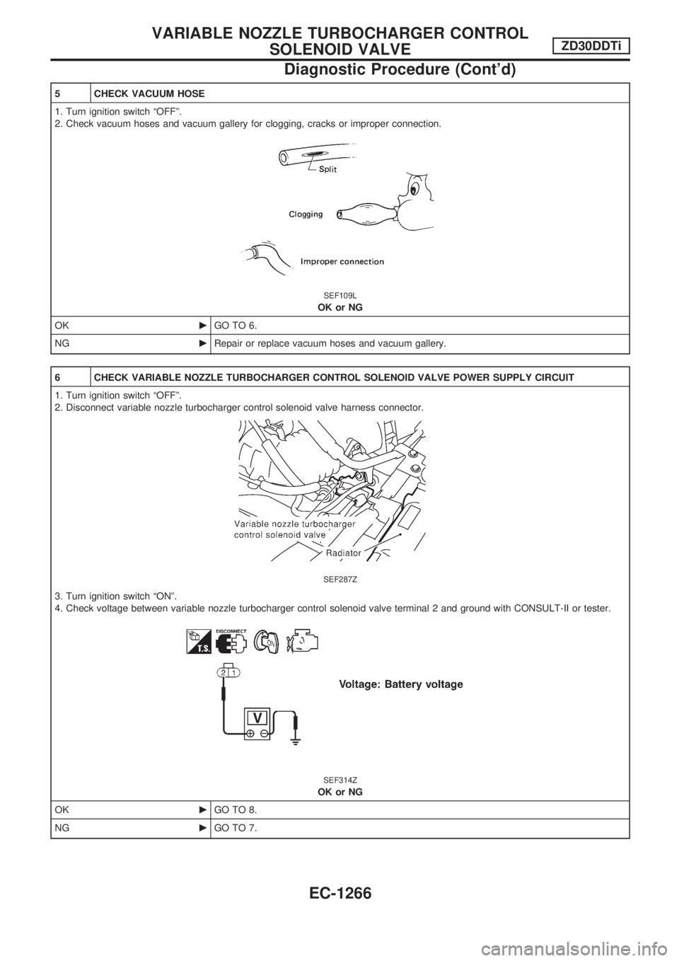 NISSAN PATROL 2000 Electronic Repair Manual 5 CHECK VACUUM HOSE
1. Turn ignition switch ªOFFº.
2. Check vacuum hoses and vacuum gallery for clogging, cracks or improper connection.
SEF109L
OK or NG
OKcGO TO 6.
NGcRepair or replace vacuum hose NISSAN PATROL 2000 Electronic Repair Manual 5 CHECK VACUUM HOSE
1. Turn ignition switch ªOFFº.
2. Check vacuum hoses and vacuum gallery for clogging, cracks or improper connection.
SEF109L
OK or NG
OKcGO TO 6.
NGcRepair or replace vacuum hose