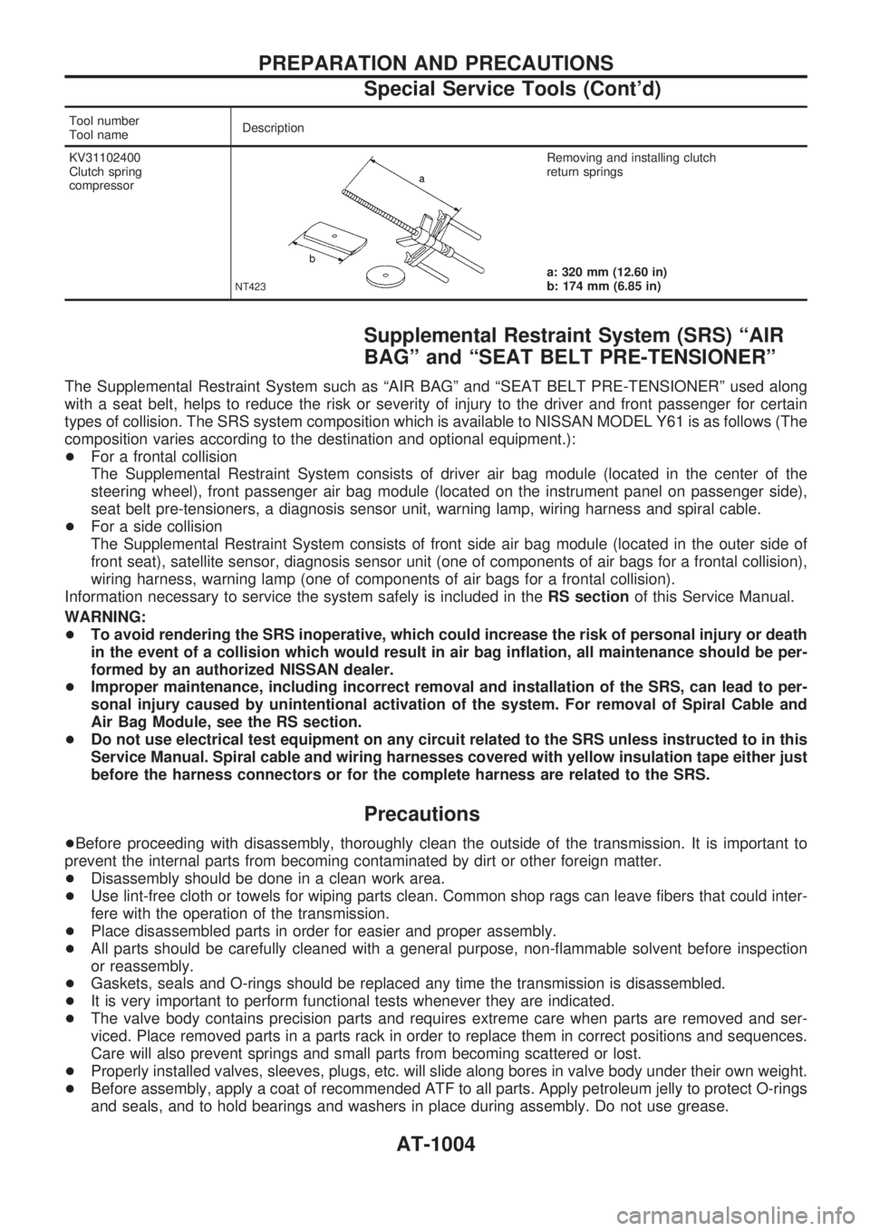 NISSAN PATROL 2000  Electronic Repair Manual Tool number
Tool nameDescription
KV31102400
Clutch spring
compressor
NT423
Removing and installing clutch
return springs
a: 320 mm (12.60 in)
b: 174 mm (6.85 in)
Supplemental Restraint System (SRS) ª