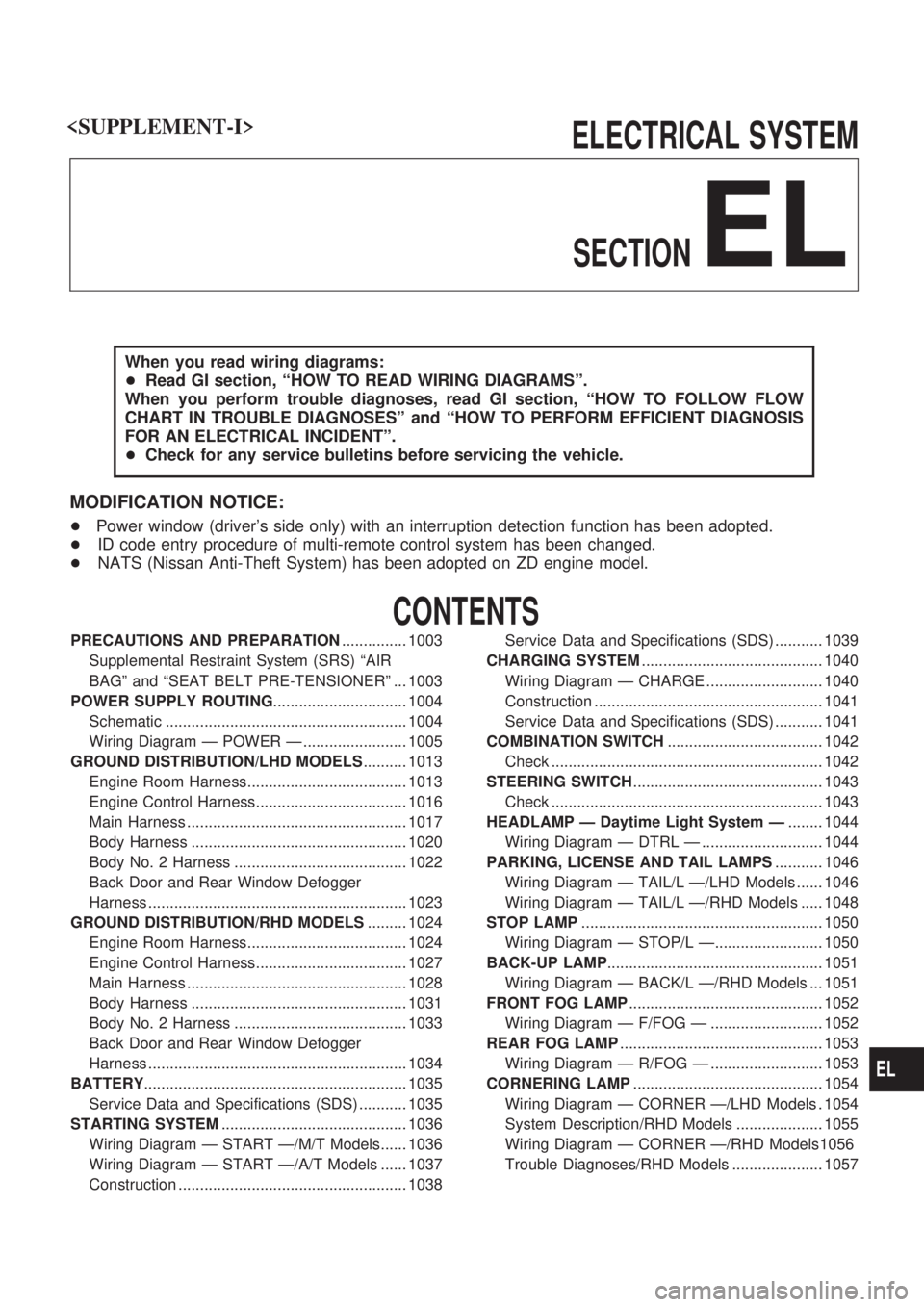 NISSAN PATROL 2000 Electronic Repair Manual ELECTRICAL SYSTEM
SECTION
EL
When you read wiring diagrams:
+Read GI section, ªHOW TO READ WIRING DIAGRAMSº.
When you perform trouble diagnoses, read GI section, ªHOW TO FOLLOW FLOW
CHART IN TROUBL NISSAN PATROL 2000 Electronic Repair Manual ELECTRICAL SYSTEM
SECTION
EL
When you read wiring diagrams:
+Read GI section, ªHOW TO READ WIRING DIAGRAMSº.
When you perform trouble diagnoses, read GI section, ªHOW TO FOLLOW FLOW
CHART IN TROUBL