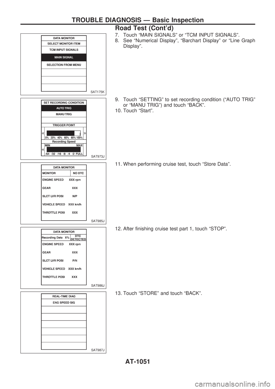 NISSAN PATROL 2000 Electronic Workshop Manual 7. Touch ªMAIN SIGNALSº or ªTCM INPUT SIGNALSº.
8. See ªNumerical Displayº, ªBarchart Displayº or ªLine Graph
Displayº.
9. Touch ªSETTINGº to set recording condition (ªAUTO TRIGº
or ªMA NISSAN PATROL 2000 Electronic Workshop Manual 7. Touch ªMAIN SIGNALSº or ªTCM INPUT SIGNALSº.
8. See ªNumerical Displayº, ªBarchart Displayº or ªLine Graph
Displayº.
9. Touch ªSETTINGº to set recording condition (ªAUTO TRIGº
or ªMA