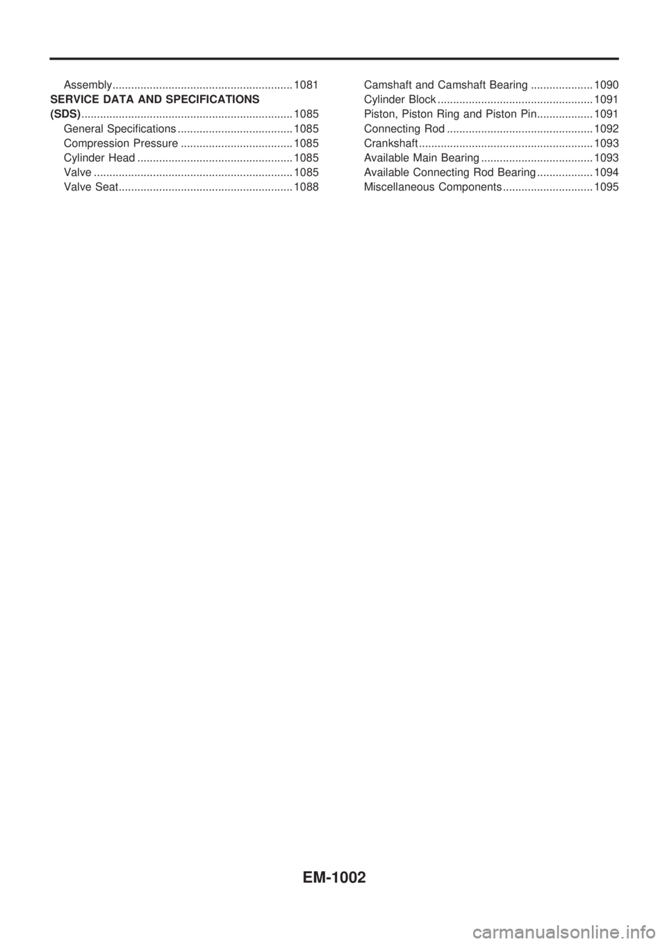 NISSAN PATROL 2000  Electronic Repair Manual Assembly.......................................................... 1081
SERVICE DATA AND SPECIFICATIONS
(SDS).................................................................... 1085
General Specifica