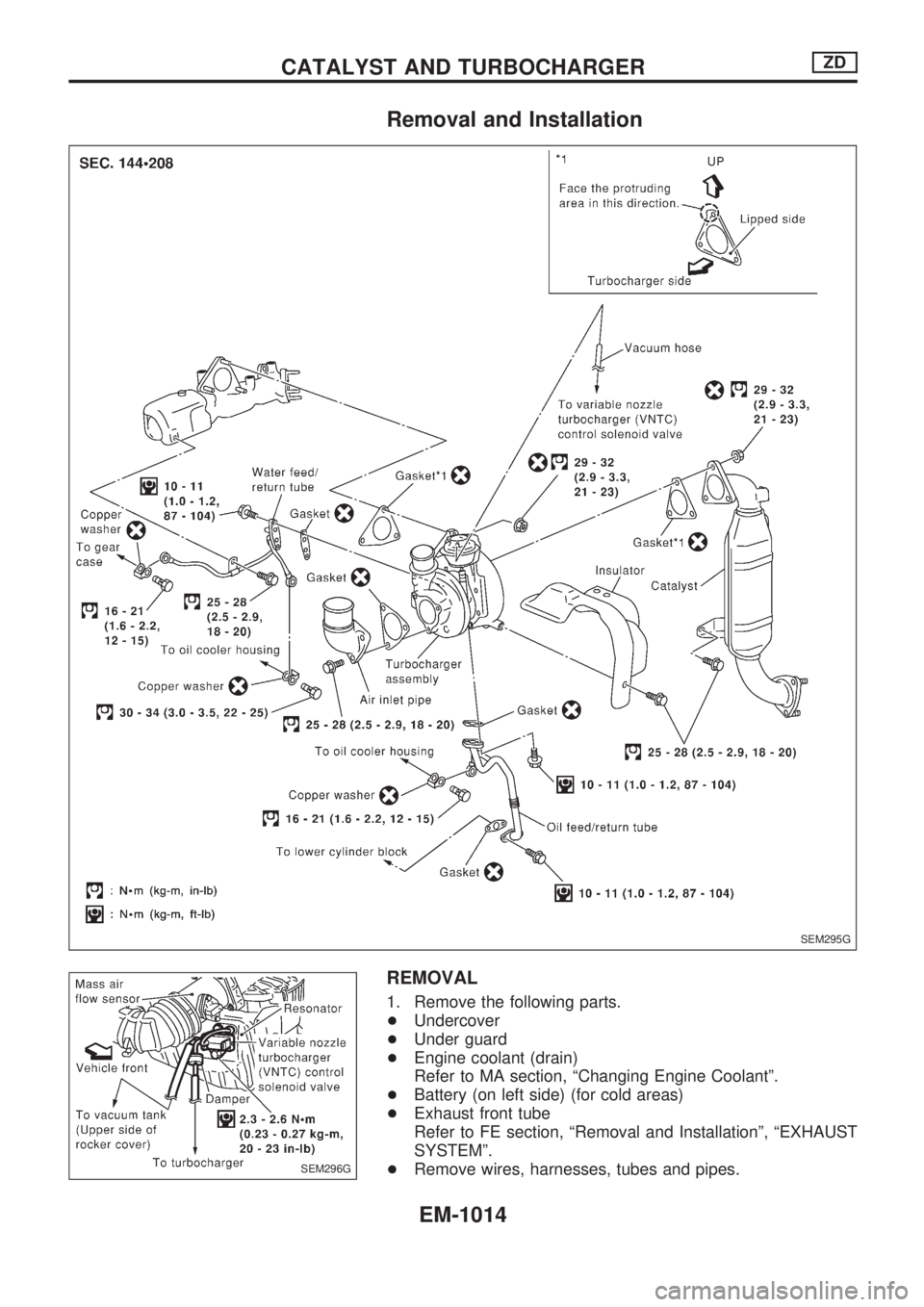 NISSAN PATROL 2000  Electronic Repair Manual Removal and Installation
REMOVAL
1. Remove the following parts.
+Undercover
+Under guard
+Engine coolant (drain)
Refer to MA section, ªChanging Engine Coolantº.
+Battery (on left side) (for cold are
