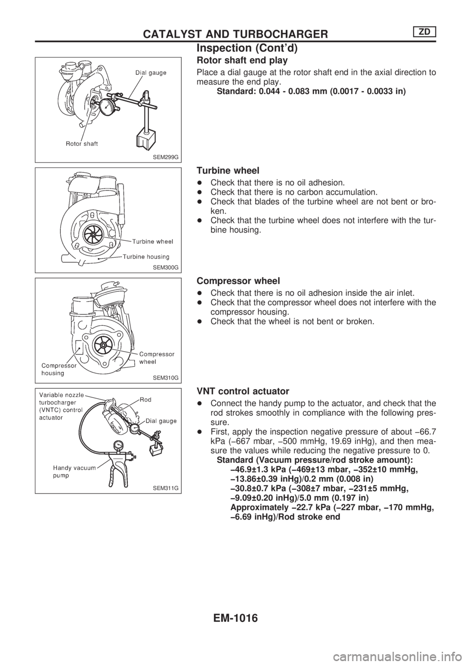 NISSAN PATROL 2000 Electronic Repair Manual Rotor shaft end play
Place a dial gauge at the rotor shaft end in the axial direction to
measure the end play.
Standard: 0.044 - 0.083 mm (0.0017 - 0.0033 in)
Turbine wheel
+Check that there is no oil NISSAN PATROL 2000 Electronic Repair Manual Rotor shaft end play
Place a dial gauge at the rotor shaft end in the axial direction to
measure the end play.
Standard: 0.044 - 0.083 mm (0.0017 - 0.0033 in)
Turbine wheel
+Check that there is no oil