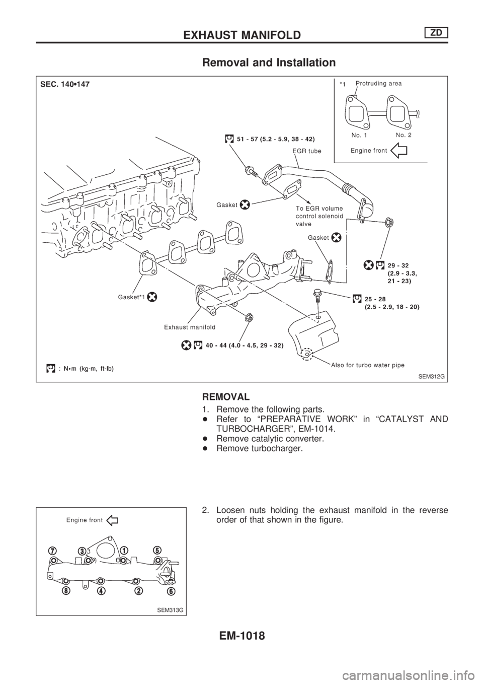 NISSAN PATROL 2000  Electronic Repair Manual Removal and Installation
REMOVAL
1. Remove the following parts.
+Refer to ªPREPARATIVE WORKº in ªCATALYST AND
TURBOCHARGERº, EM-1014.
+Remove catalytic converter.
+Remove turbocharger.
2. Loosen n
